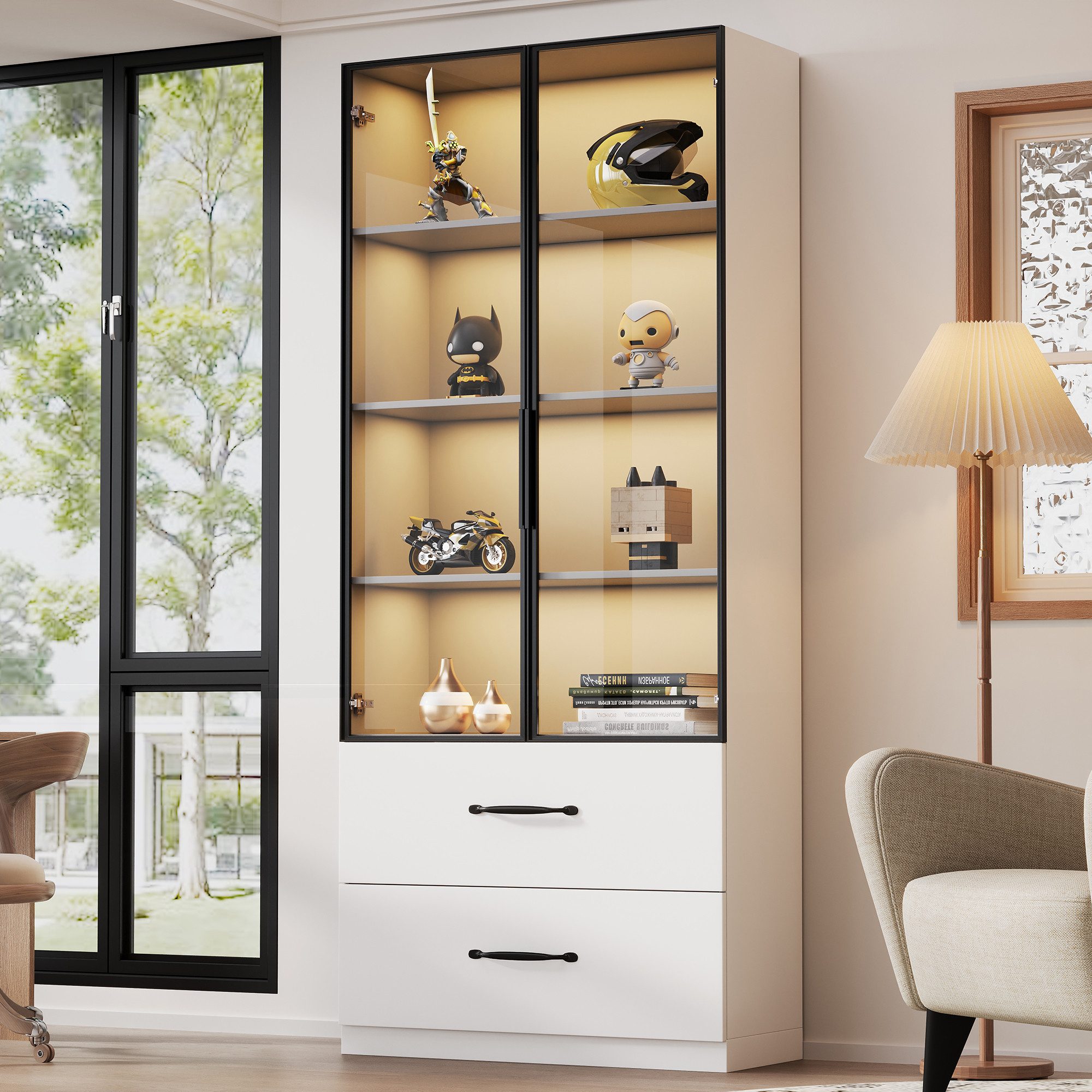 Flieks Vitrine Glasvitrine mit LED-Beleuchtung, glastüren und Schubladen (Maße: B60/T40/H160 cm, 1-St., Schrank für Wohnzimmer, Schlafzimmer, Arbeitszimmer und Büro) Hochschrank Bücherregal Standvitrine Mehrzweckschrank Weiß