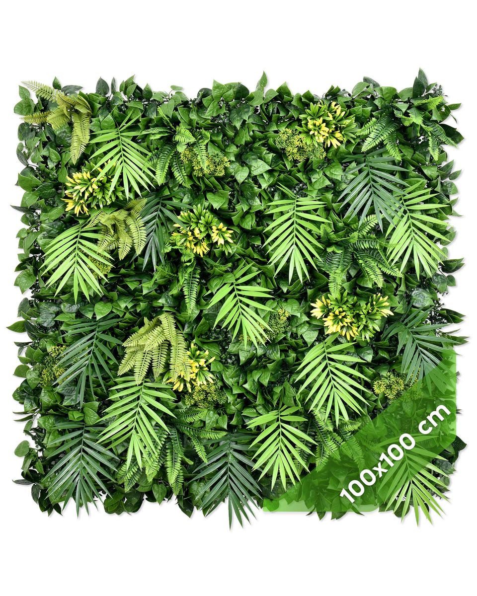 Kunstpflanze Künstliche Pflanzenwand Indoor & Outdoor, Blumenwand, Green Wall Aloha Garden, JELLE & JACOB, Höhe 100 cm, pflegeleicht & langlebig für Wohlfühl-Atmosphäre