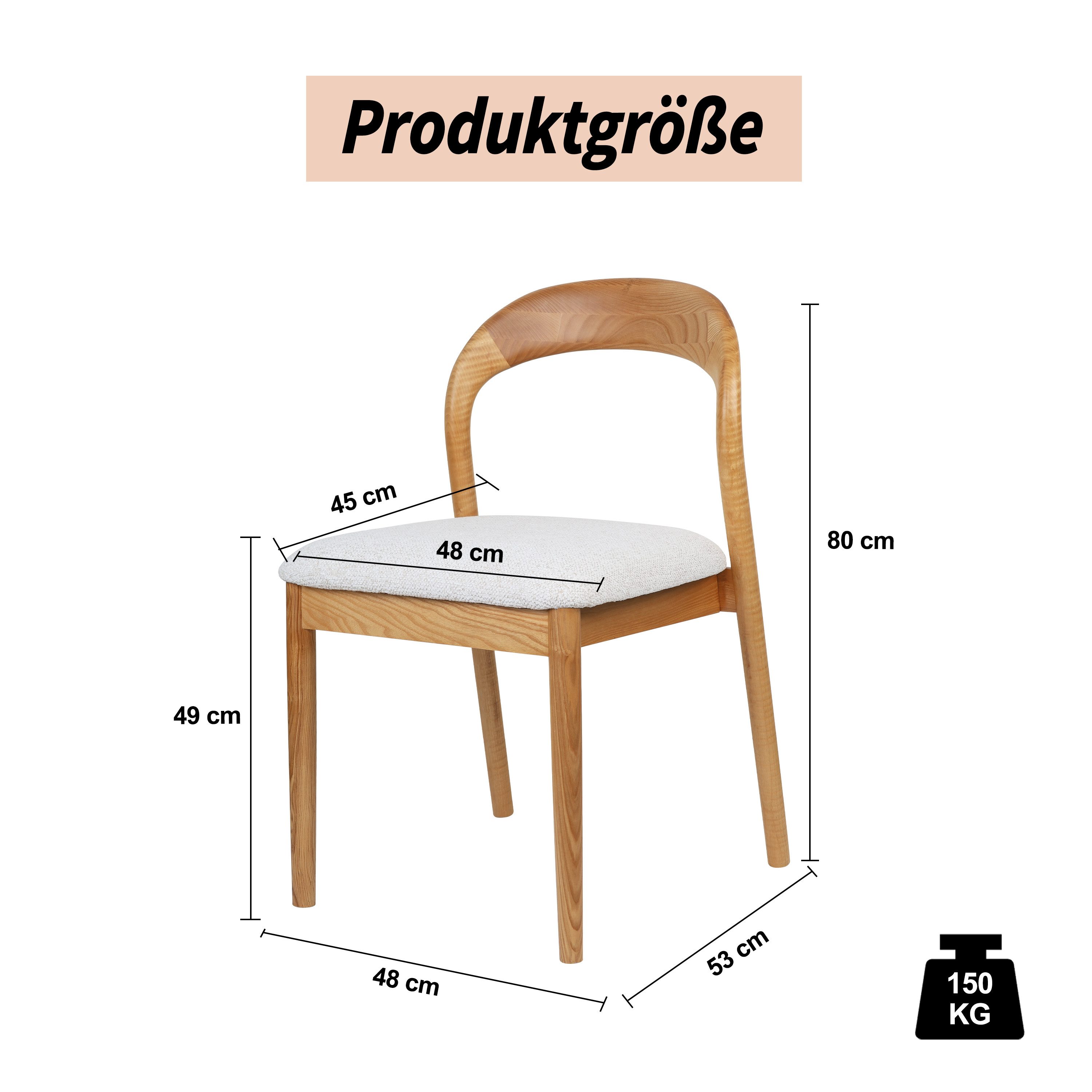 VECHOO Esszimmerstuhl Klassischer Holzesszimmerstuhl Parnell mit geschwungener Rückenlehne (1 St), Gestell aus Eschenholz, Naturholzfarbe