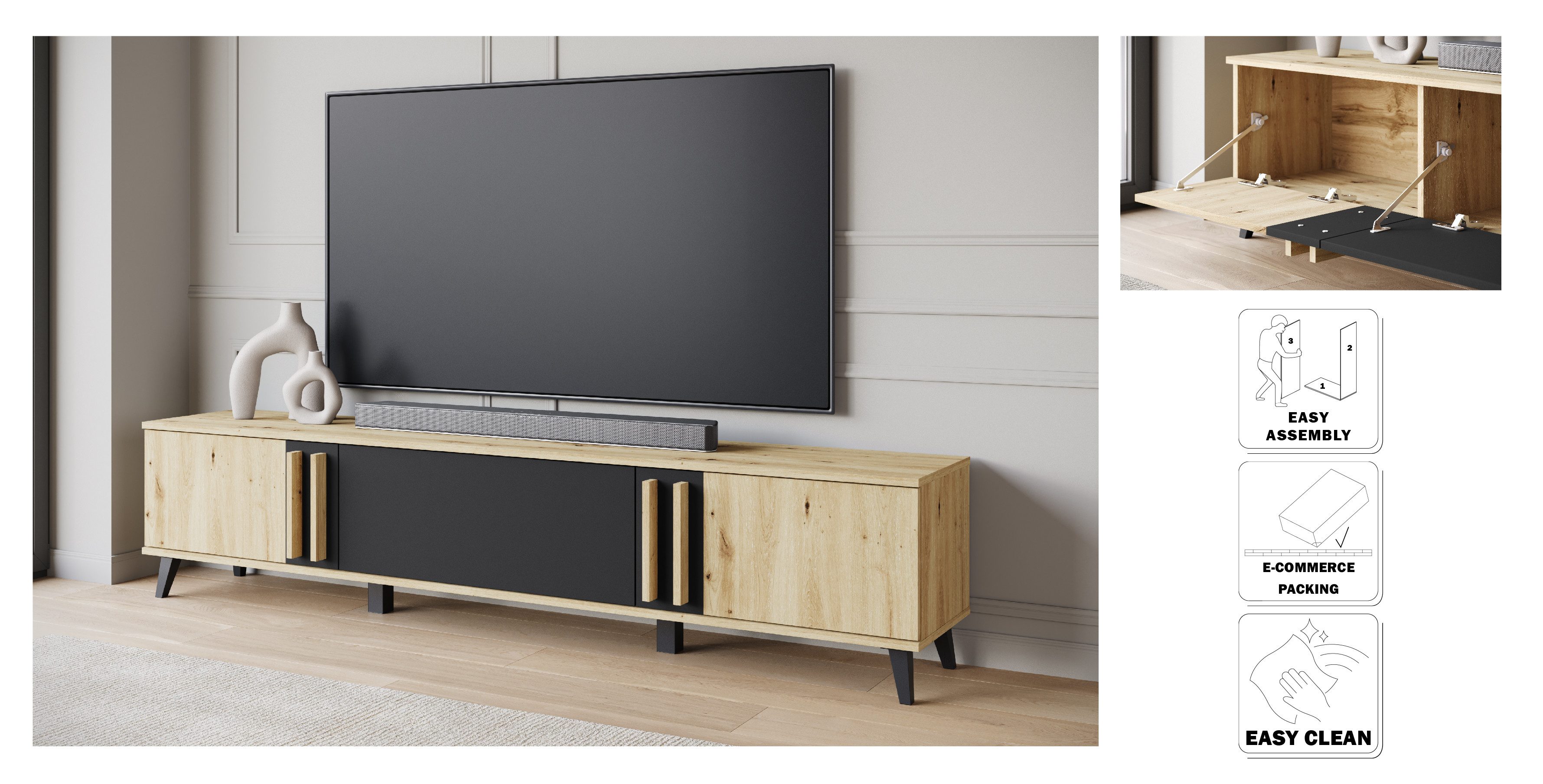 Home affaire Lowboard Helsinki, TV-Kommode Breite 180cm (1 St), modernes Design, 3 Klapptüren