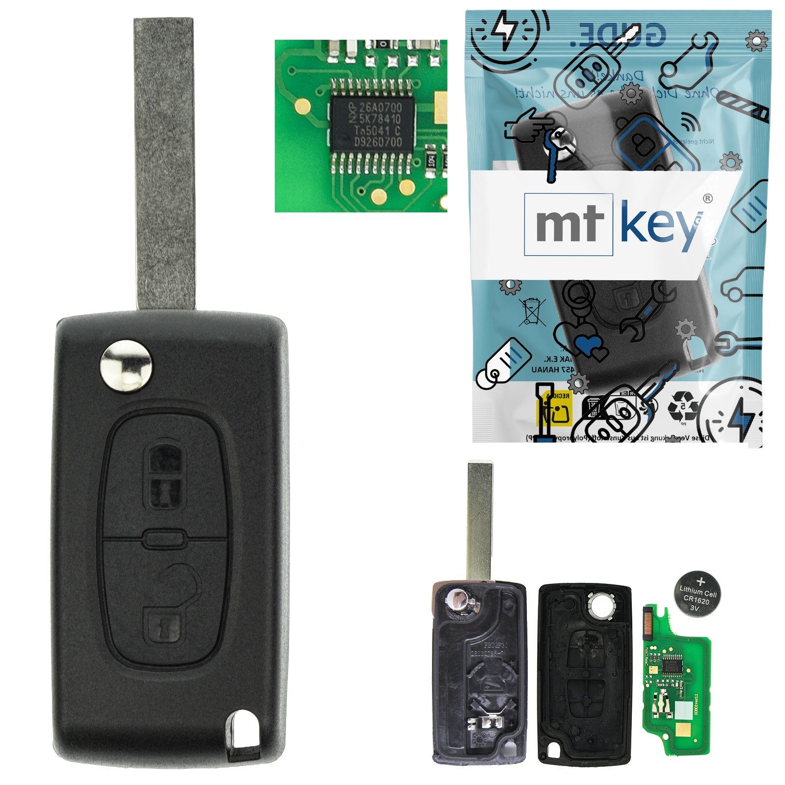 mt-key Schlüsseltasche Auto Funk Klappschlüssel 434MHZ Fernbedienung ID46 (Set), für Citroen Berlingo II B9 (08-18); C3 II (09-17); C3 Picasso (09-...
