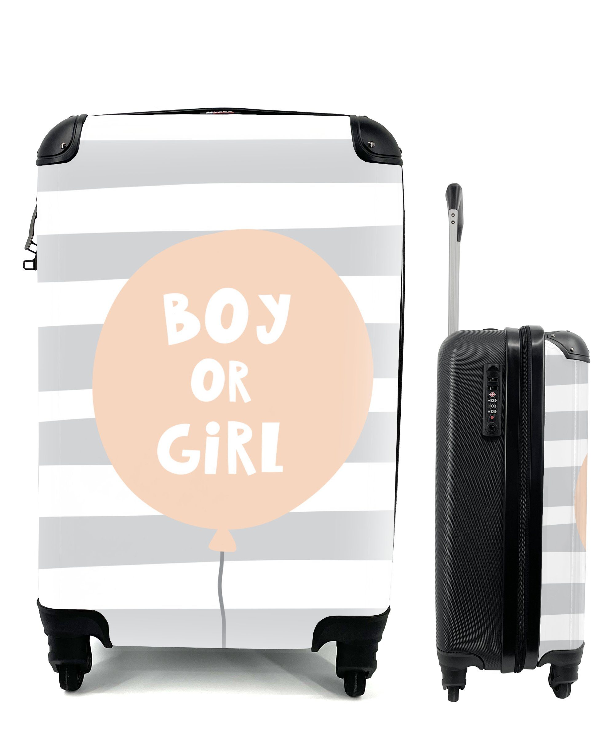 MuchoWow Handgepäckkoffer Illustration mit einem Luftballon und dem Zitat "Boy or girl"., 4 Rollen, Reisetasche mit rollen, Handgepäck für Ferien, Trolley, Reisekoffer