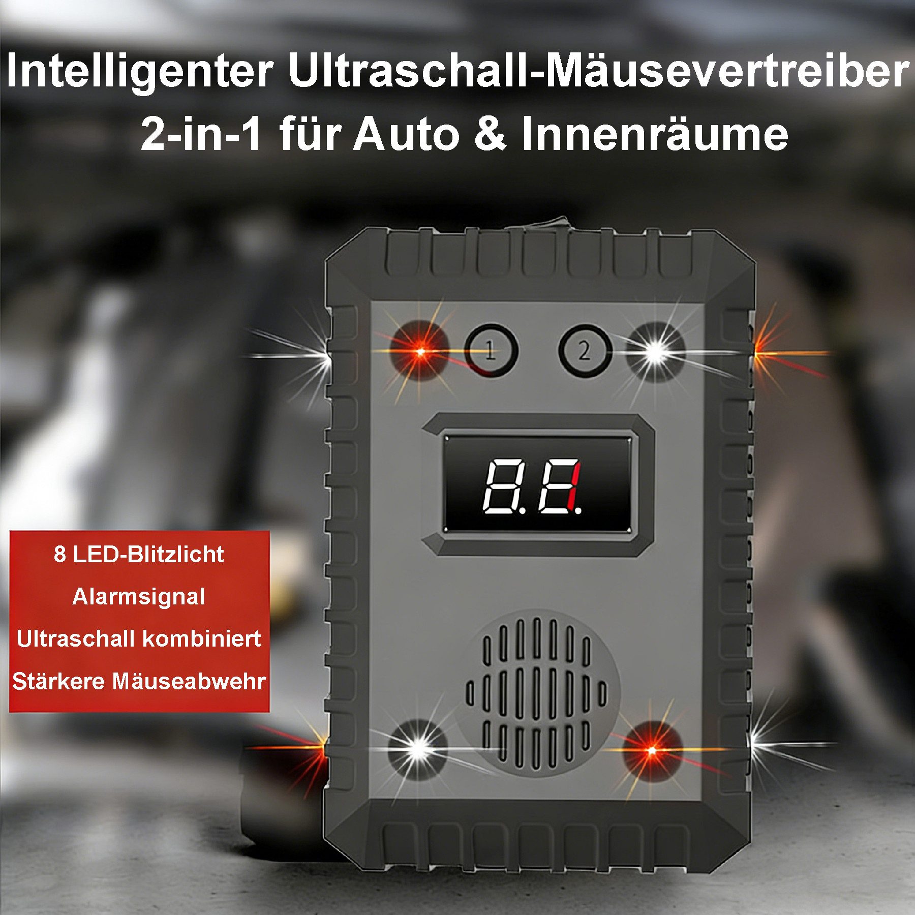 Senmudi Ultraschall-Tierabwehr Ultraschall Schädlingsbekämpfer, Auto-Innenraum 2-in-1 Tiervertreiber, Frequenzumwandlung Ultraschallwelle, zeitgesteuerter Alarmton, Autobatterie für das Auto, USB-Ladeanschluss für den Innenbereich, kann Ratten, Kakerlaken und andere Tiere abwehren