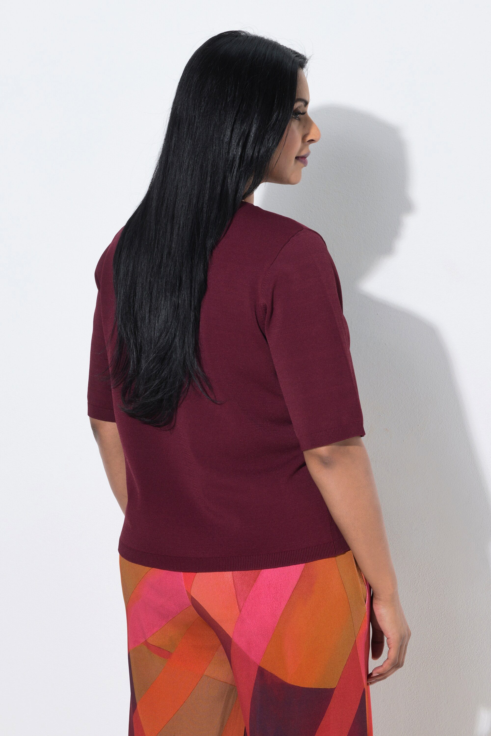 Ulla Popken Strickpullover Pullover Elastiksaum V-Ausschnitt Halbarm Glitter