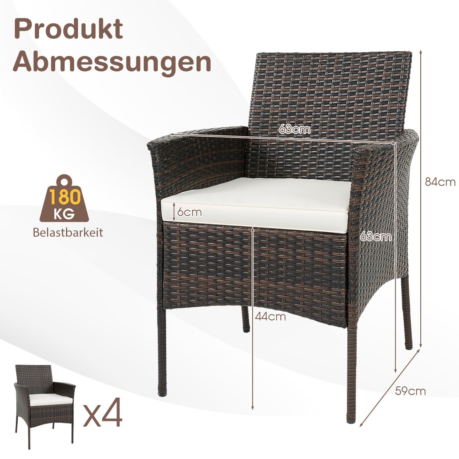 KOMFOTTEU Gartenstuhl (4 St), Rattanstuhl mit Armlehnen & abnehmbaren Sitzkissen