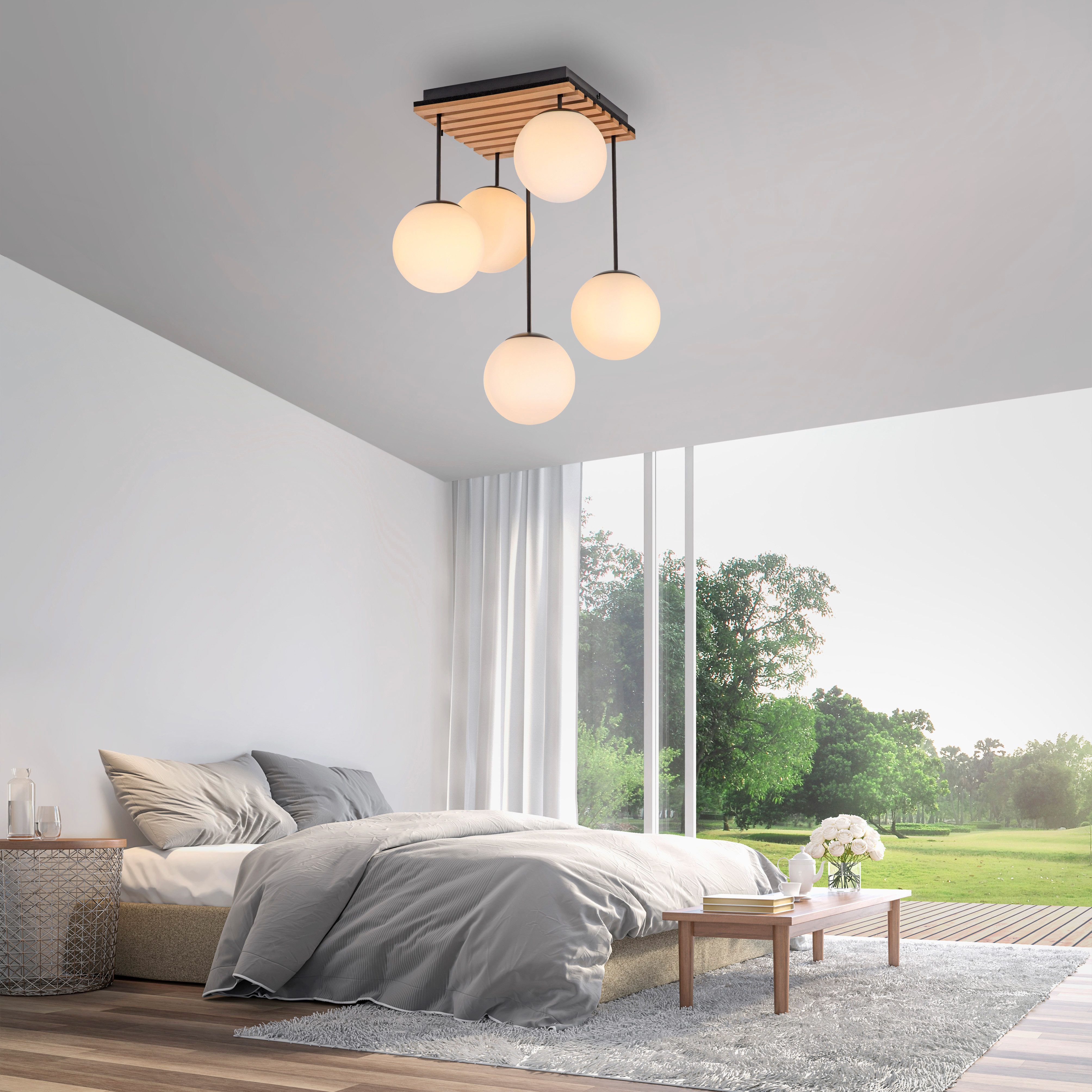 OTTO home Deckenleuchte Evinnia Akustikpaneele mit Glaskugeln, ohne Leuchtmittel, Leuchtmittel wechselbar, Warmweiß, Holz, Akustik, Paneele, Glas, Deckenlampe E14