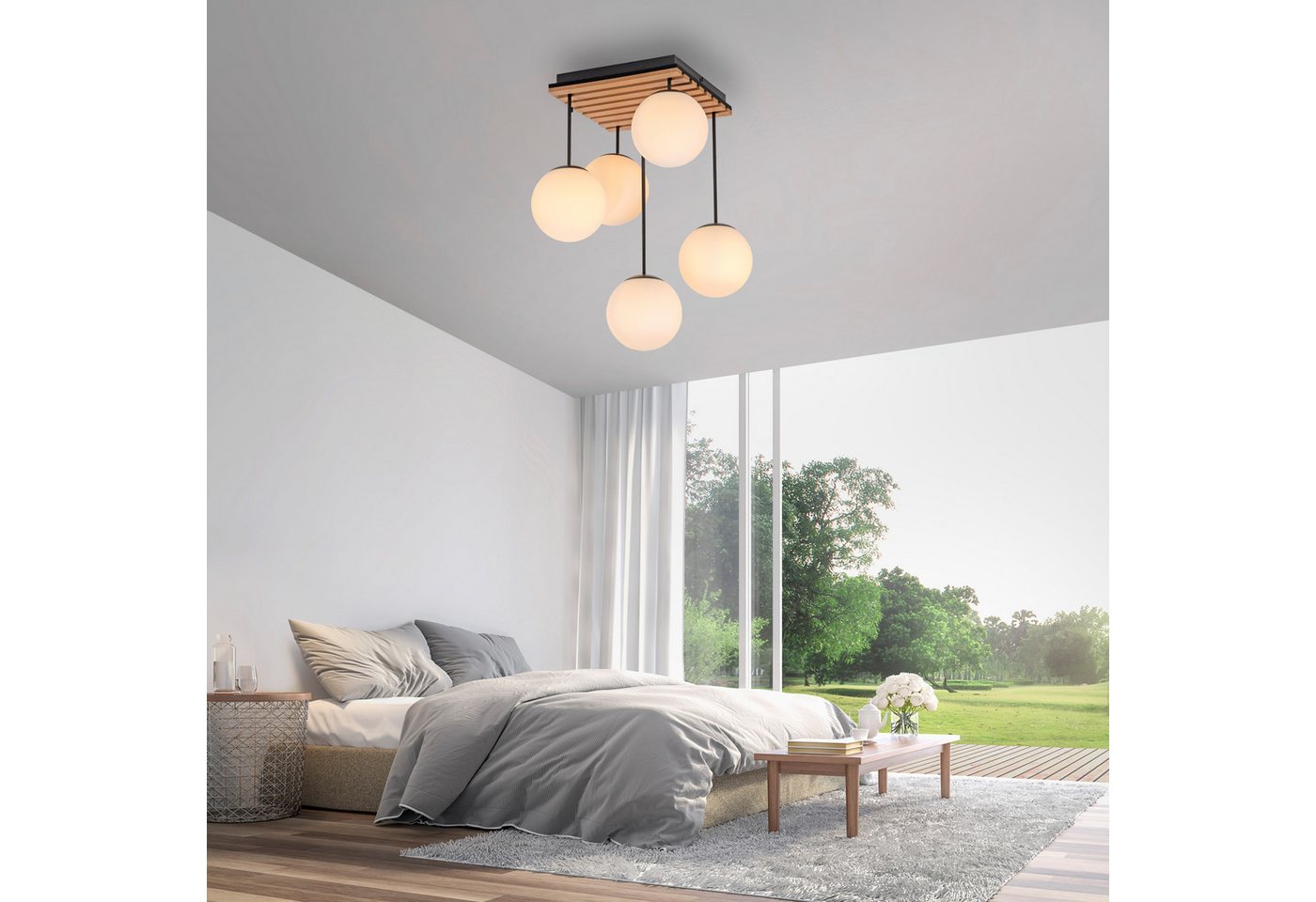 OTTO home Deckenleuchte Evinnia Akustikpaneele mit Glaskugeln, ohne Leuchtmittel, Leuchtmittel wechselbar, Warmweiß, Holz, Akustik, Paneele, Glas, Deckenlampe E14