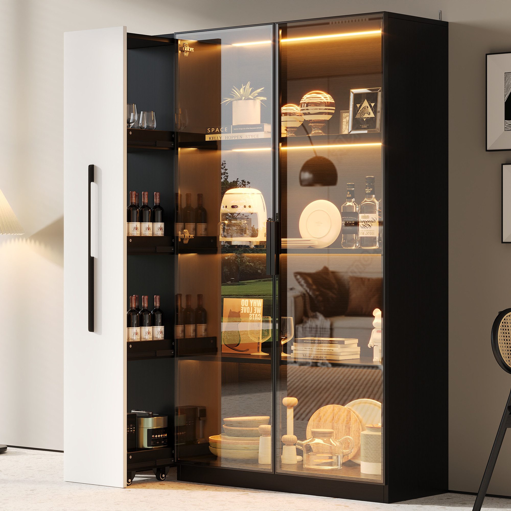 Merax Glasvitrine (2-in-1-Design Multifunktionsschrank Vitrinenschrank, 1-St., 110.5x35x160cm) LED-Vitrine mit Glastür & seitlichem Rollregal,Hochschrank Bücherregal