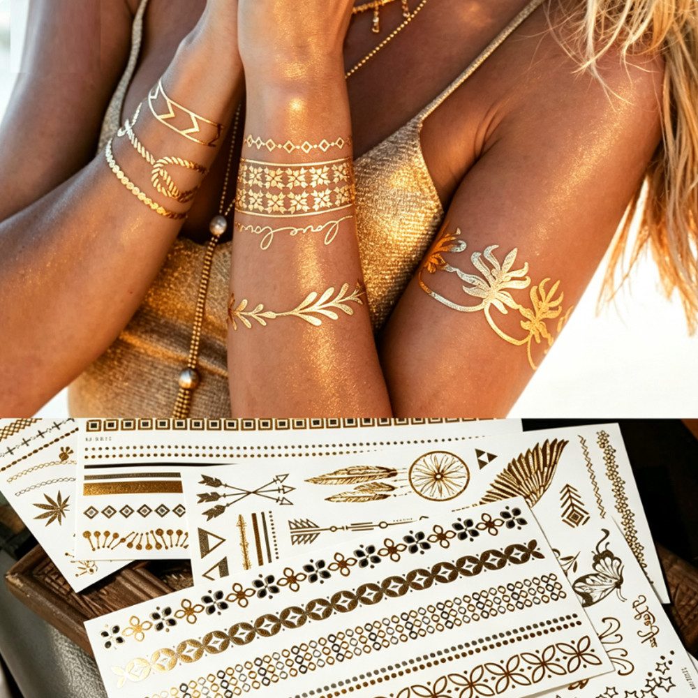 AFKSMILE Schmuck-Tattoo 8 Blätter Temporäre Tattoos, Glitzer Festival Tattoos Gold Wasserdicht, Für Frauen Jugendliche Mädchen Halloween Festival Party Accessoire
