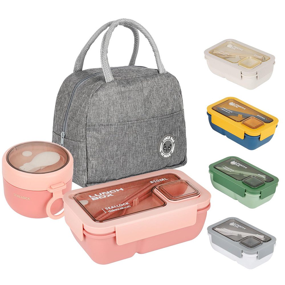 Diwzbyn Lunchbox Lunchbox für Erwachsene und Kinder,Brotdose mit Fächern, (3-tlg), auslaufsicheres Bento-Box-Set mit Lunchtasche, Besteck und Müslibecher
