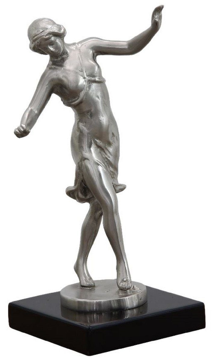 Casa Padrino Dekofigur Luxus Bronzefigur tanzende Frau Silber / Schwarz 10 x 13 x H. 23 cm - Bronze Skulptur mit Holzsockel - Schreibtisch Deko - Wohnzimmer Deko - Luxus Kollektion