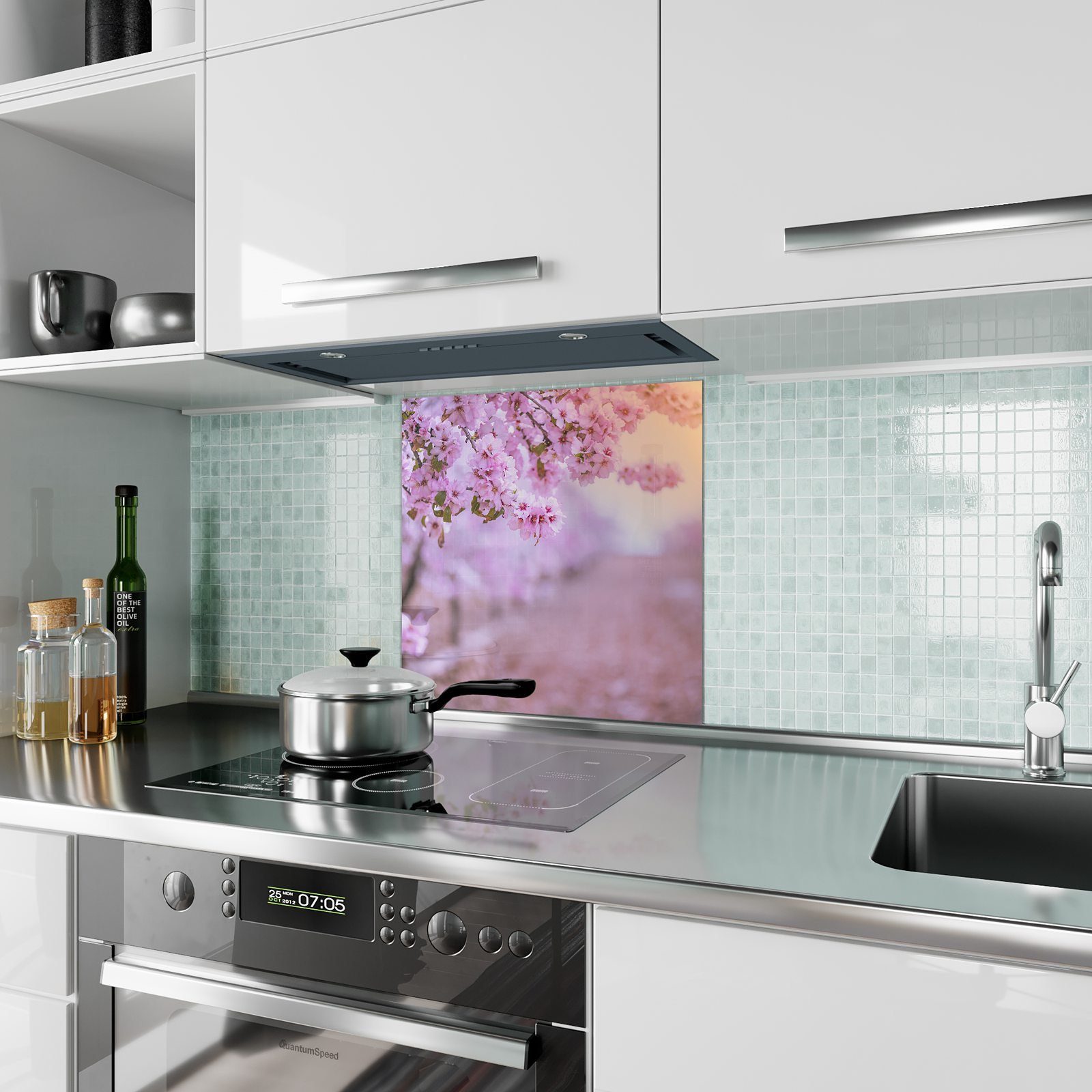 am Primedeco Spritzschutz Glas Motiv mit Blüten Küchenrückwand Küchenrückwand Weg