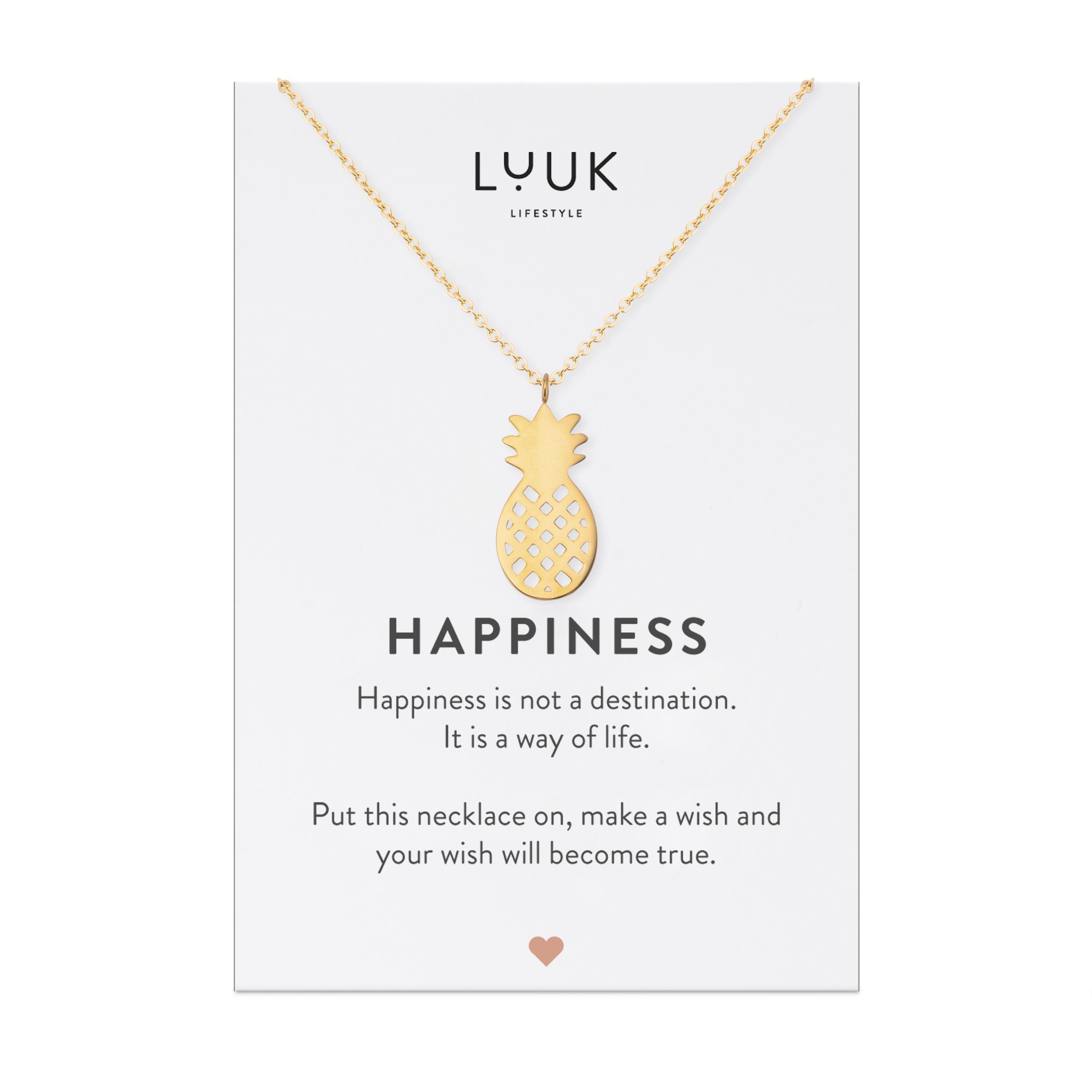 LUUK LIFESTYLE Kette mit Anhänger Ananas, HAPPINESS Geschenkkarte für Frauen, Festivalschmuck Gold