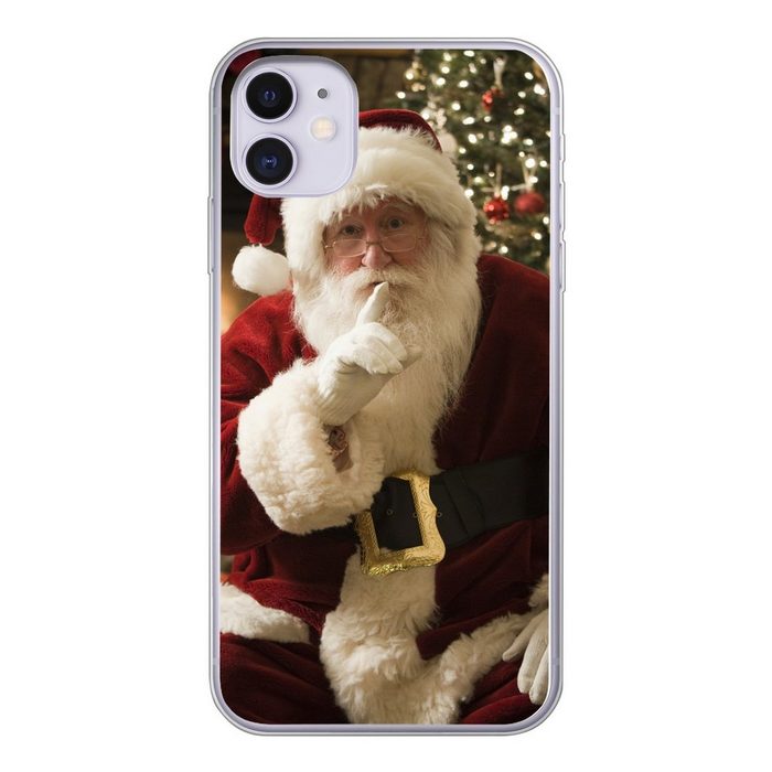 MuchoWow Handyhülle Der Weihnachtsmann mit einem bunten Weihnachtsbaum im Hintergrund Handyhülle Apple iPhone 11 Smartphone-Bumper Print Handy
