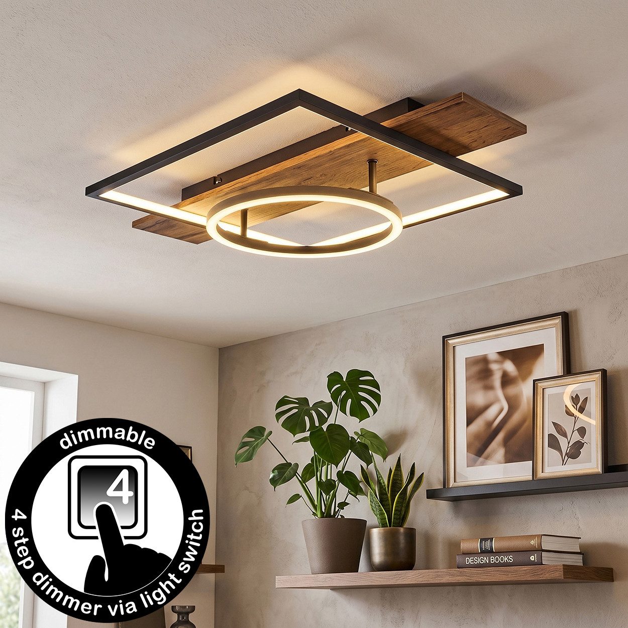 hofstein Deckenleuchte Deckenlampe aus Metall/MDF/Kunststoff in Schwarz/Holzoptik/Braun/Weiß, ohne Leuchtmittel, moderne Deckenleuchte, 24 Watt, 3000 Kelvin