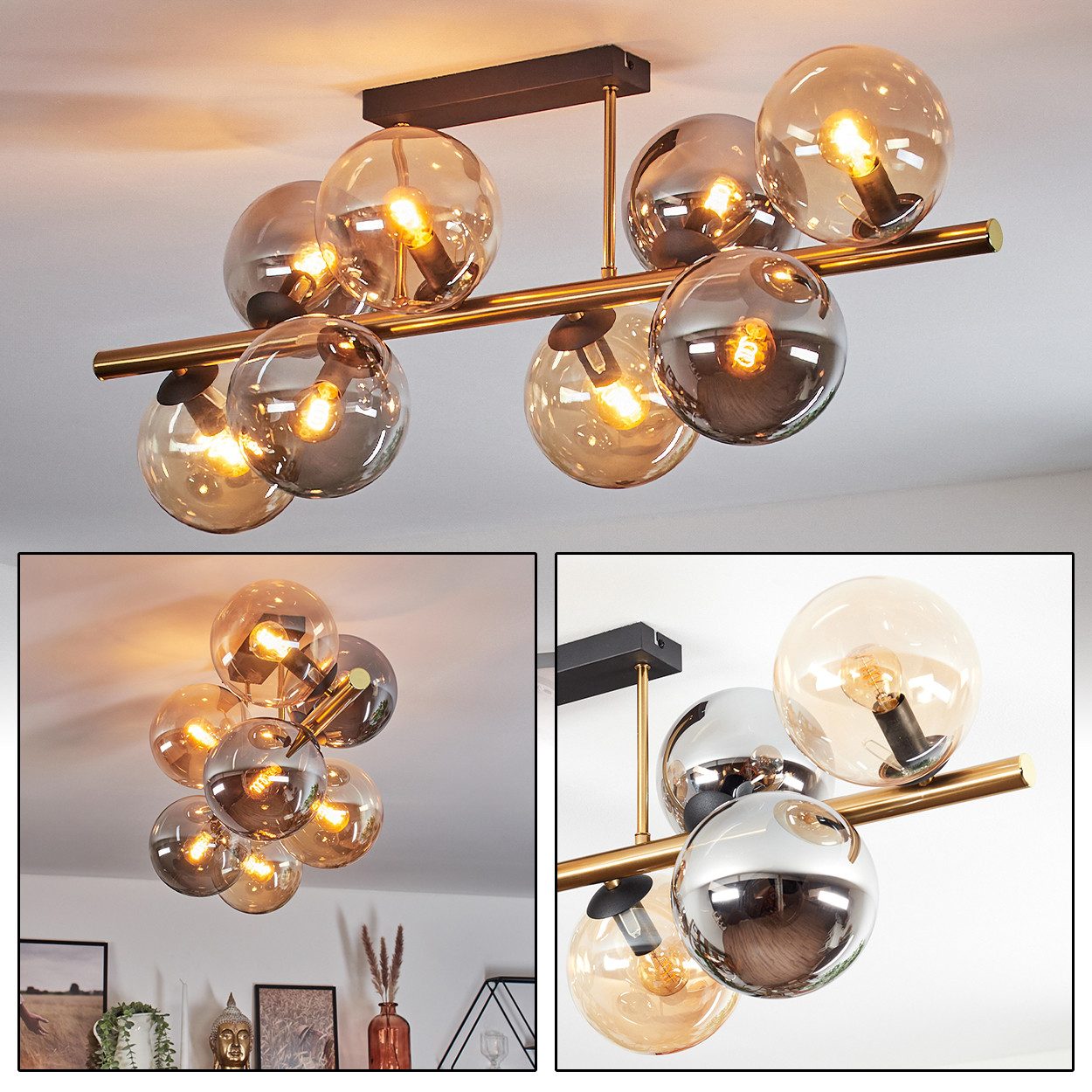 hofstein Deckenleuchte Deckenlampe aus Metall/Glas in Schwarz/Gold/Rauch/Be günstig online kaufen