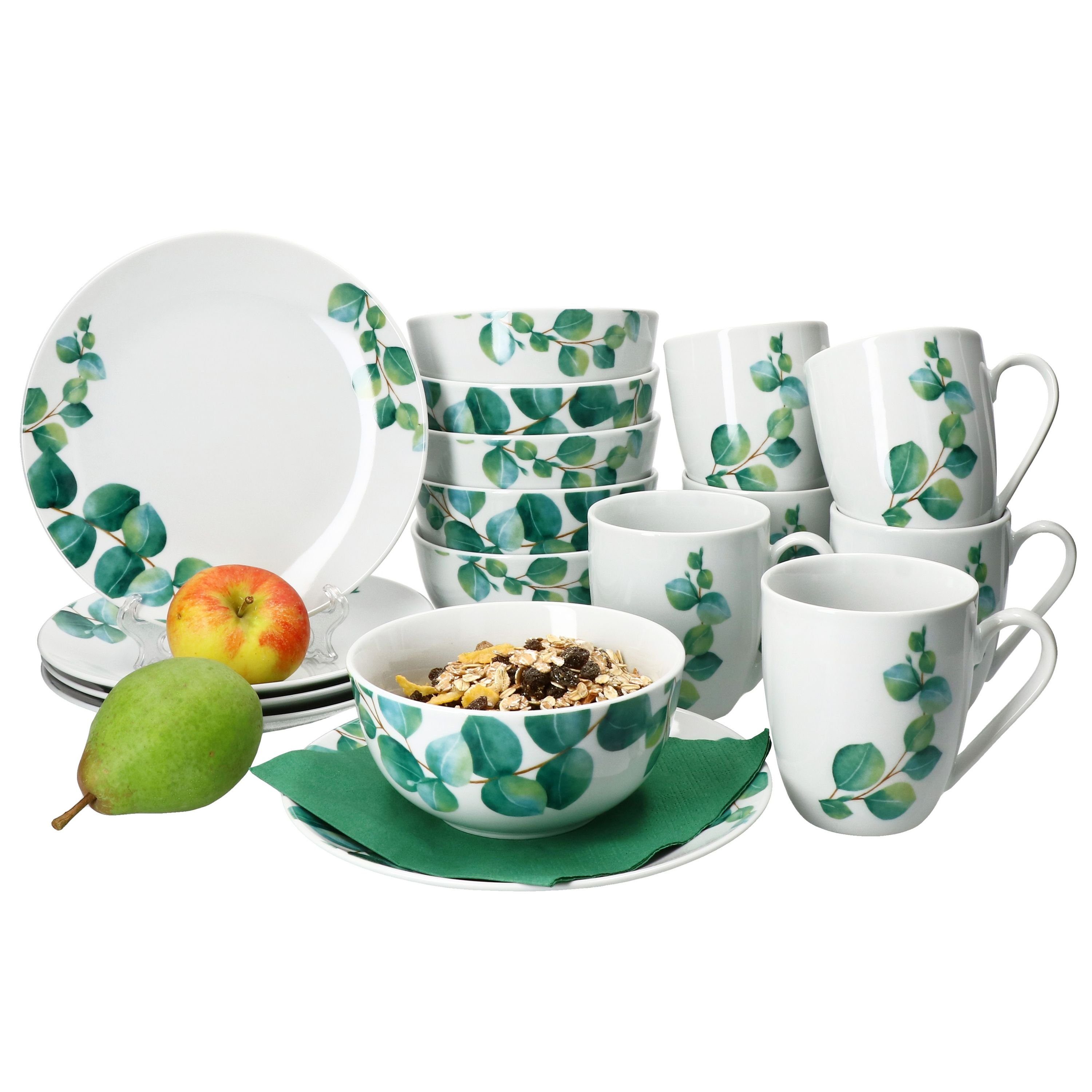 Frühstücks-Geschirrset Eukalyptus 18tlg Frühstücksset Porzellan 6 Personen Teller Becher