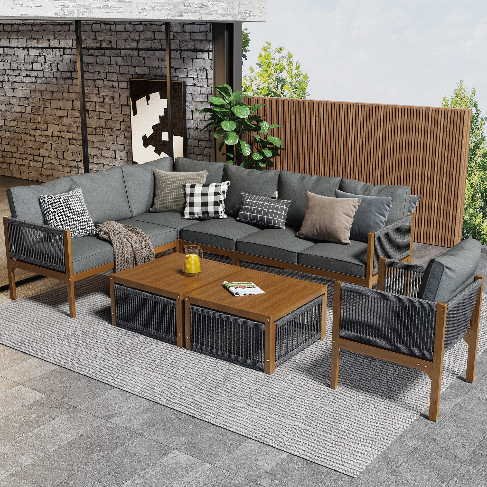 BlingBin Gartenlounge-Set Sitzgruppe Gartengarnitur, Gartenmöbel Set für 7-8 Personen, (6er Set, 6-tlg., Abnehmbarer und Waschbarer Stoffbezug, Balkonmöbel), Loungesessel-Set mit Sofa, Tisch & Kissen für Terrasse, Natural+Grau