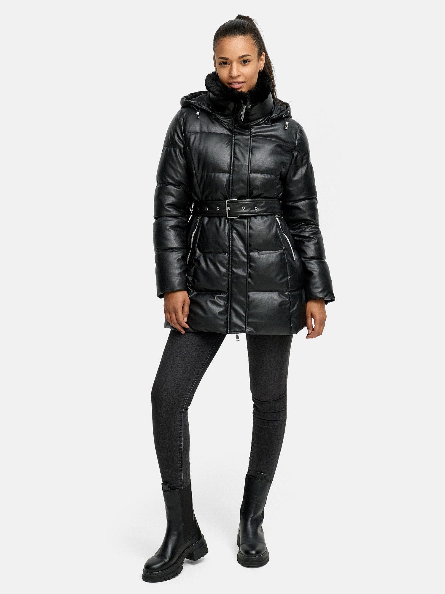 Tazzio Steppmantel F802 mit Kapuze, Lederoptik-Steppmantel mit Taillengürte günstig online kaufen