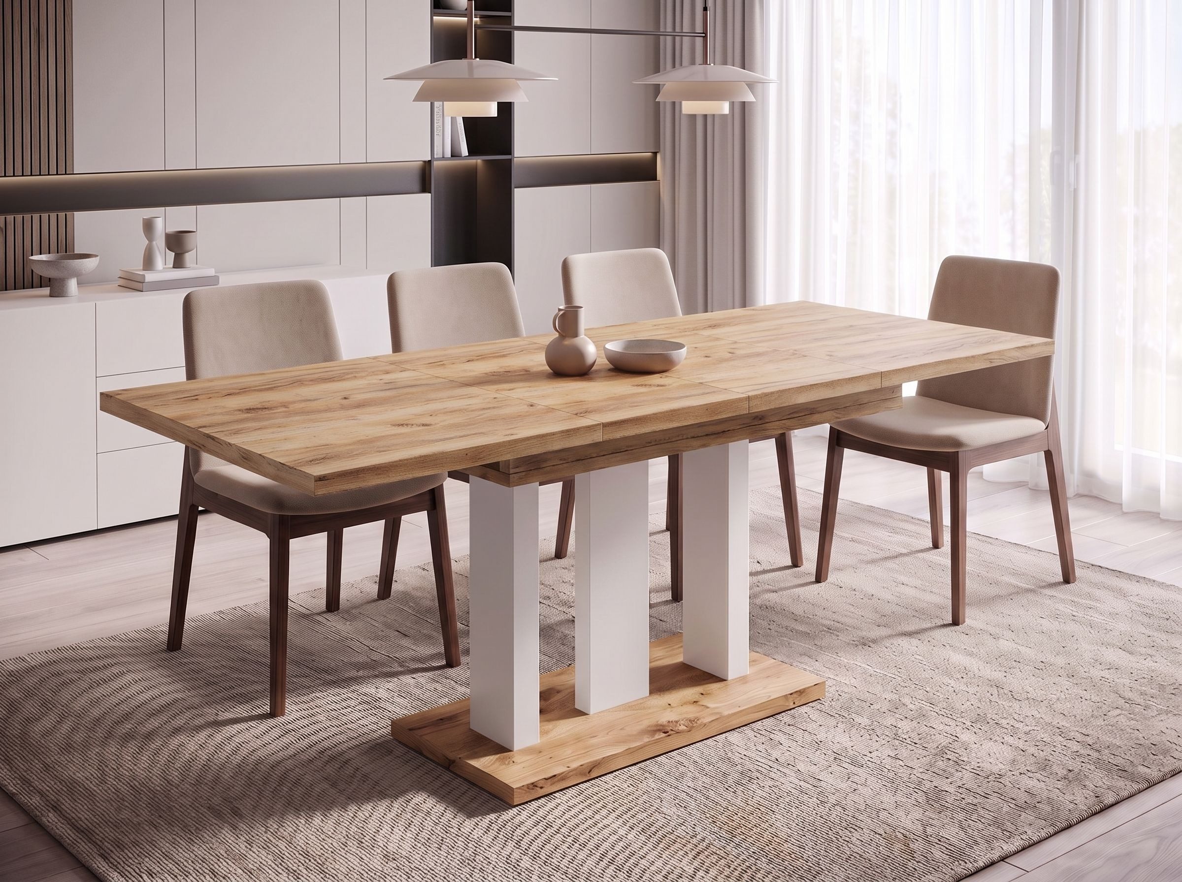 Endo-Moebel Säulen-Esstisch "Appia White" 130-210cm ausziehbar, erweiterbar, modern (1 Tisch), 2 Erweiterungsplatten, für 4, 6 oder 8 Personen, weiße Beine