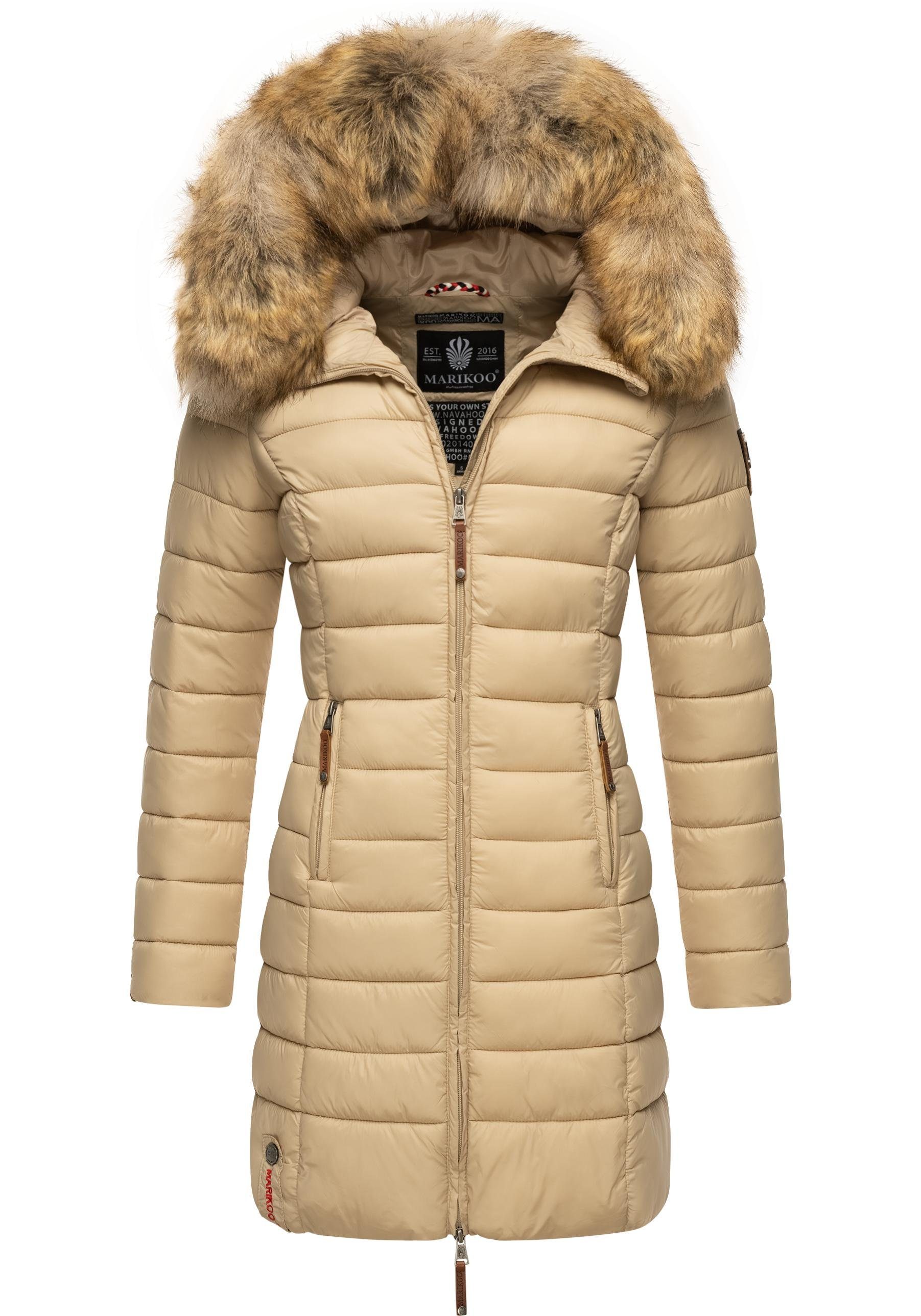 Marikoo Steppmantel Rose-Stepp zeitloser Winterparka mit großer Kunstfellkapuze beige