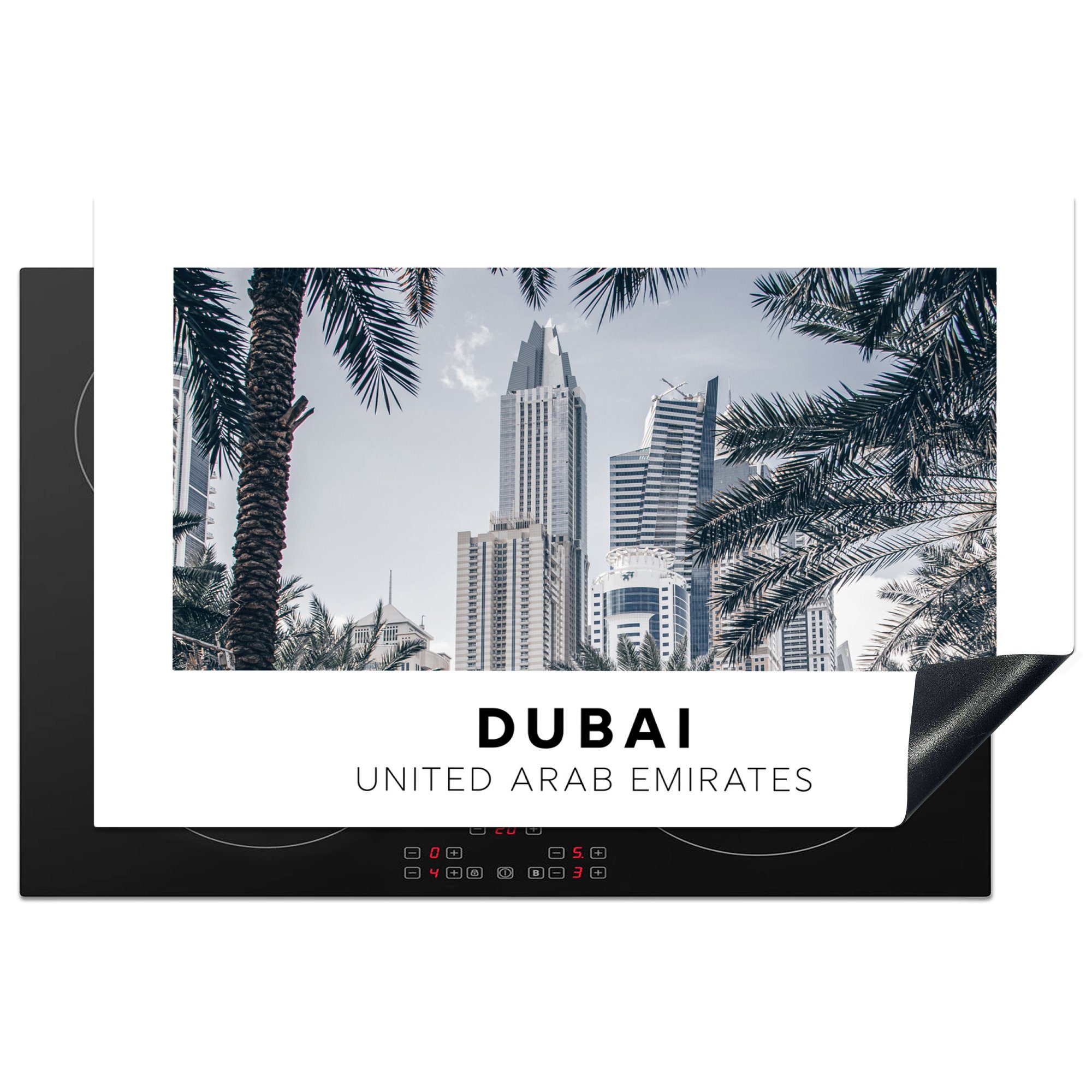 MuchoWow Herdblende-/Abdeckplatte Dubai - Architektur - Palmen, Vinyl, (1 tlg), 81x52 cm, Induktionskochfeld Schutz für die küche, Ceranfeldabdeckung
