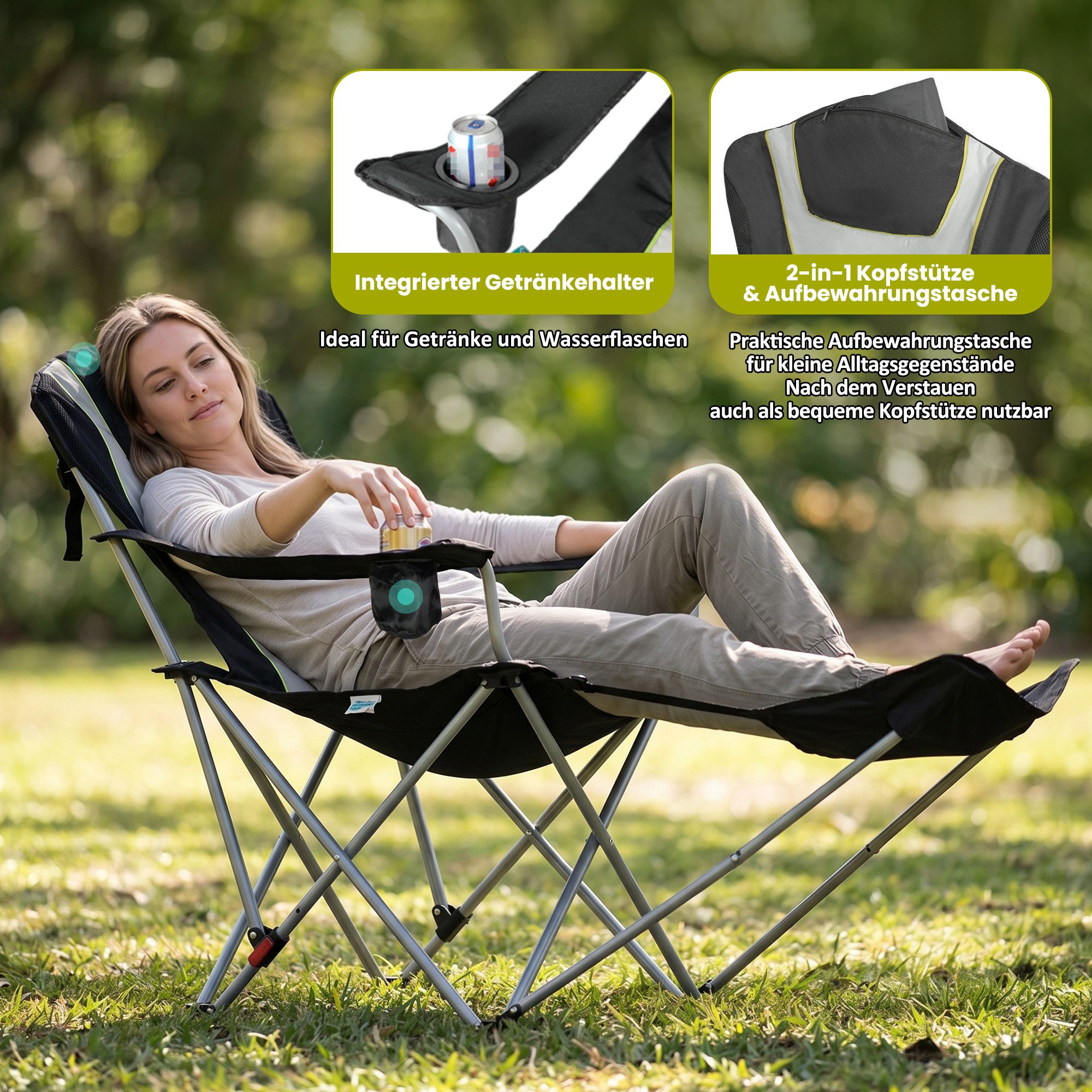 HOMECALL Campingstuhl mit fußstütze Klappstuhl Angelstuhl Faltbar gepolstert gartenstuhl (2-in-1-Funktion gartenstuhl klappbar campingstuhl mit fußablage), 3 fa – Bild 5 von 5