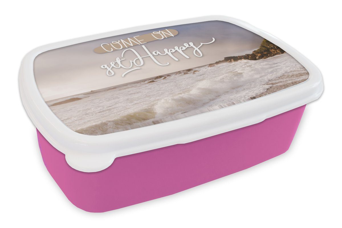 MuchoWow Lunchbox Sprichwörter - Zitate - 'Komm, werde glücklich', Kunststoff, (2-tlg), Brotbox für Erwachsene, Brotdose Kinder, Snackbox, Mädchen, Kunststoff rosa