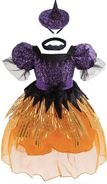 purplerain Hexen-Kostüm New Girls Size 130 (7-8Y) Black Orange Deluxe Witch Costume Halloween