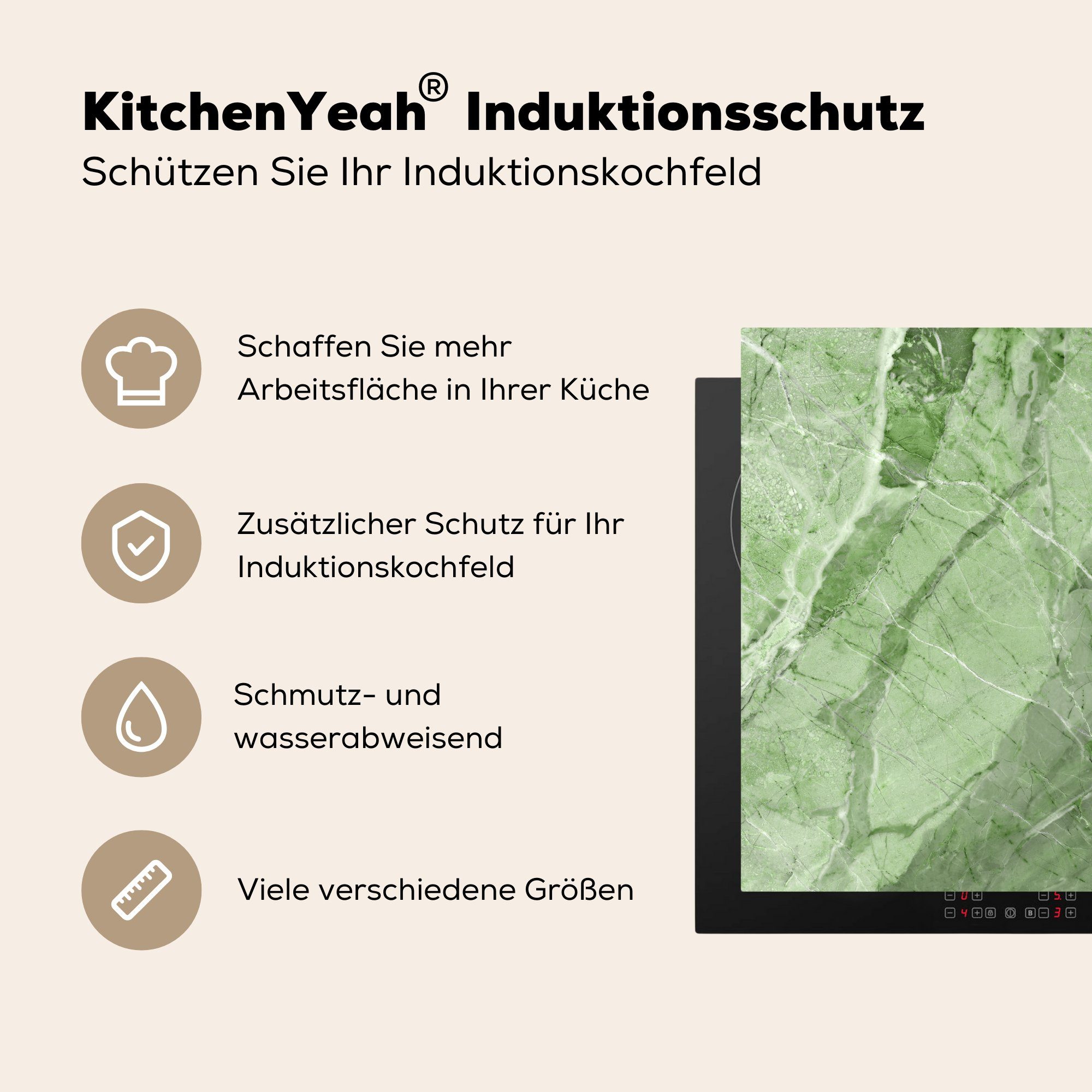 MuchoWow (1 Vinyl, - tlg), Kieselstein Herdblende-/Abdeckplatte Granit Grün, küche - Ceranfeldabdeckung, 78x78 - Weiß für cm, Arbeitsplatte