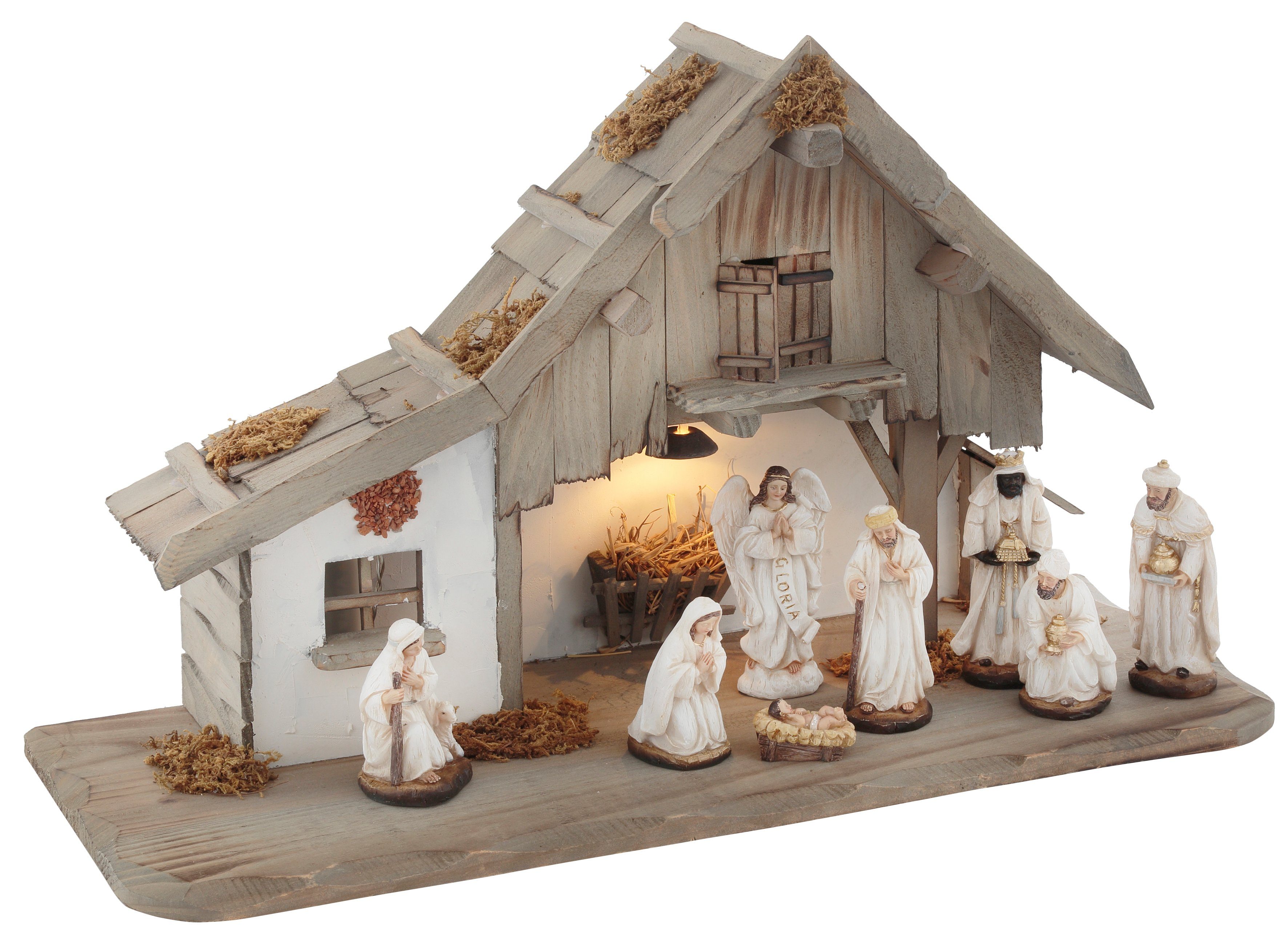 my home Krippe Weihnachtsdeko (9-tlg), aus Holz mit LED-Laterne, inklusive  Krippenfiguren | Weihnachtskrippen