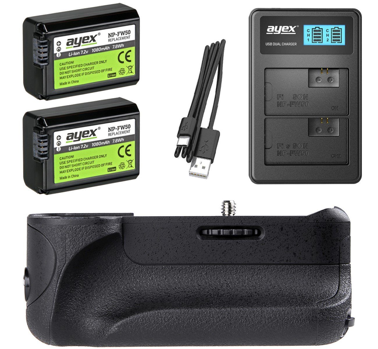 ayex Batteriegriff Batteriegriff Sony Alpha A6300 A6000+NP-FW50 Akku+USB Dual-Ladegerät