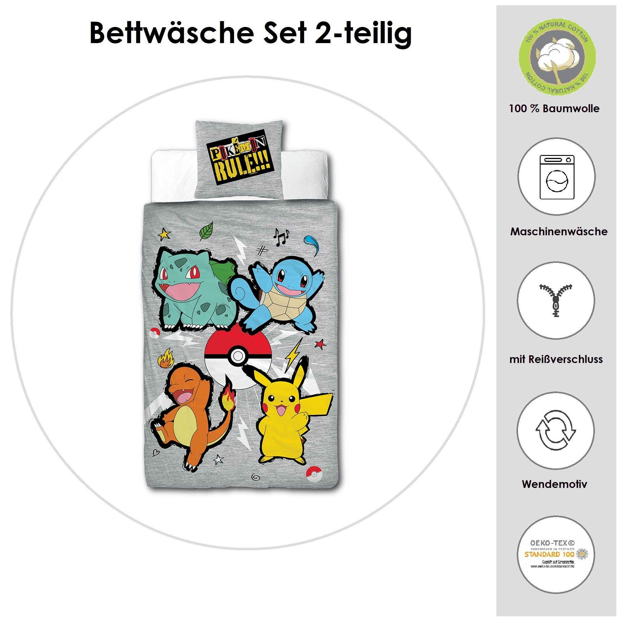 Familando Kinderbettwäsche Pokemon "Rock" 135x200 80x80 cm aus 100% Baumwolle mit Reißverschluss, Flanell, 2 teilig, Motiv mit Pokeball, Shiggy, Glumanda, Bisasam und Pikachu
