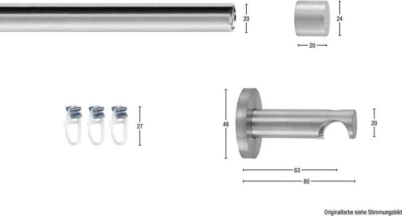 Gardinenstange EASY, GARESA, Ø 20 mm, 1-läufig, Wunschmaßlänge, Vorhanggarnitur, verlängerbar, Wandmontage, Kappe, Aluminium