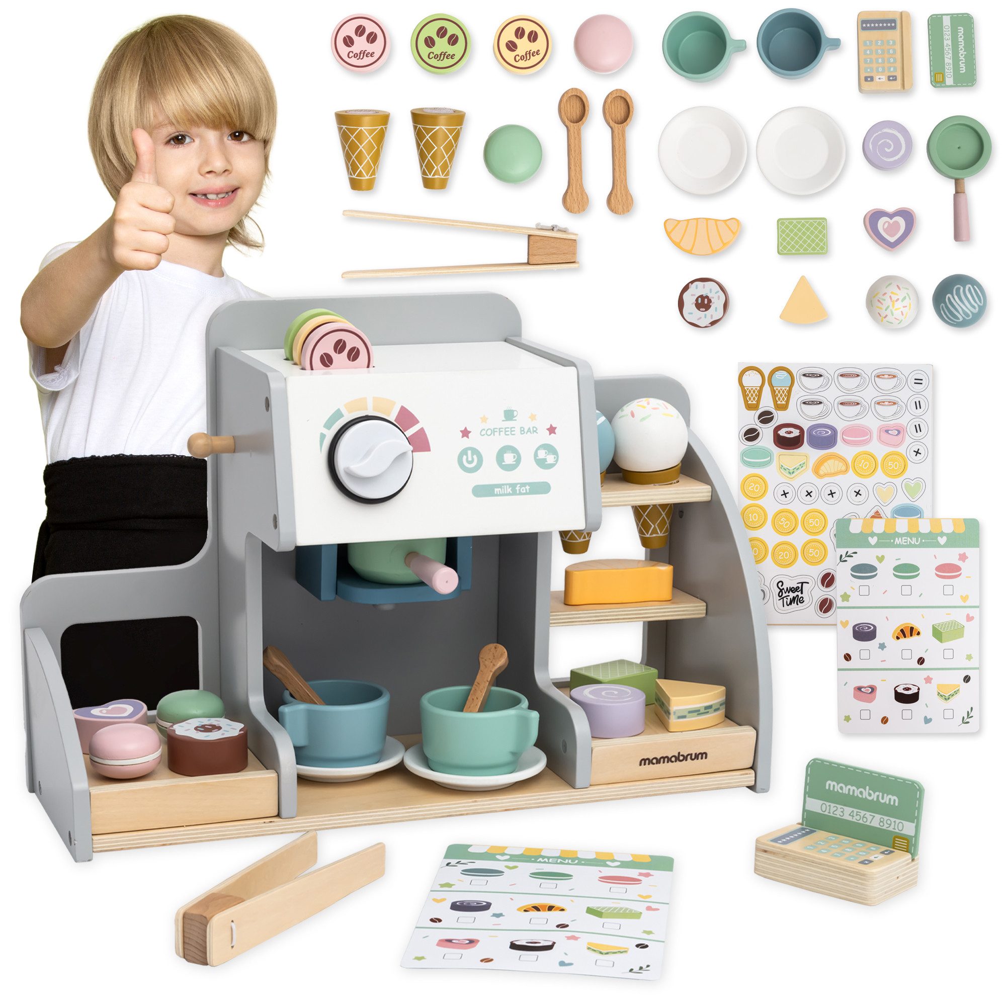 Mamabrum Kinder-Küchenset Große Holzkonditorei mit Magnettafel & Zubehör