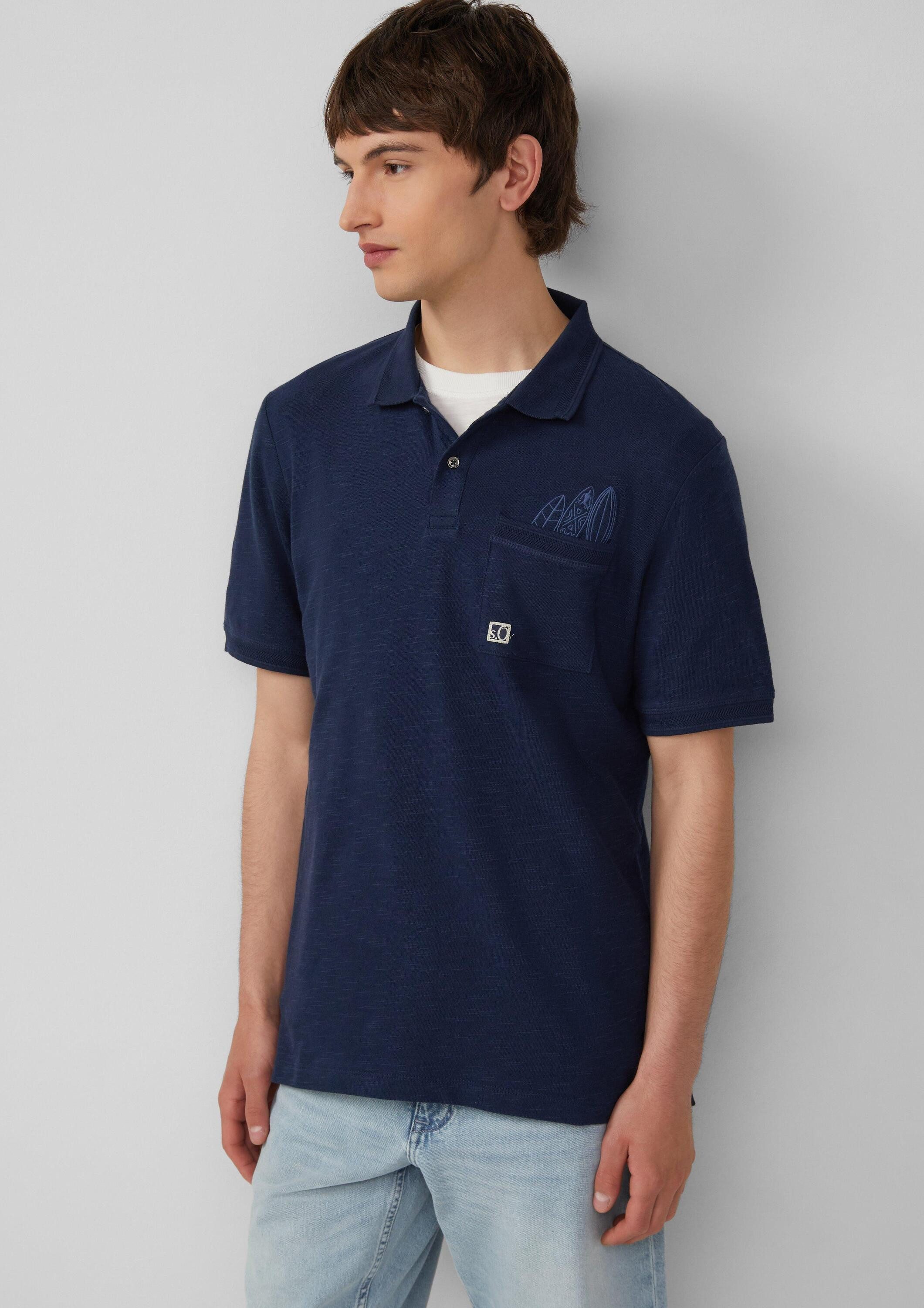 s.Oliver Kurzarmshirt Polo-Shirt Flammgarn-Poloshirt mit Brusttasche und Stickerei
