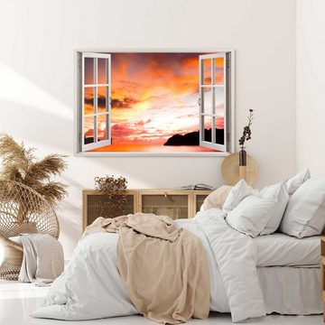 Sinus Art Leinwandbild Wandbild 120x80cm Fensterbild Meer roter Himmel Abendrot Horizont Berg, (1 St)