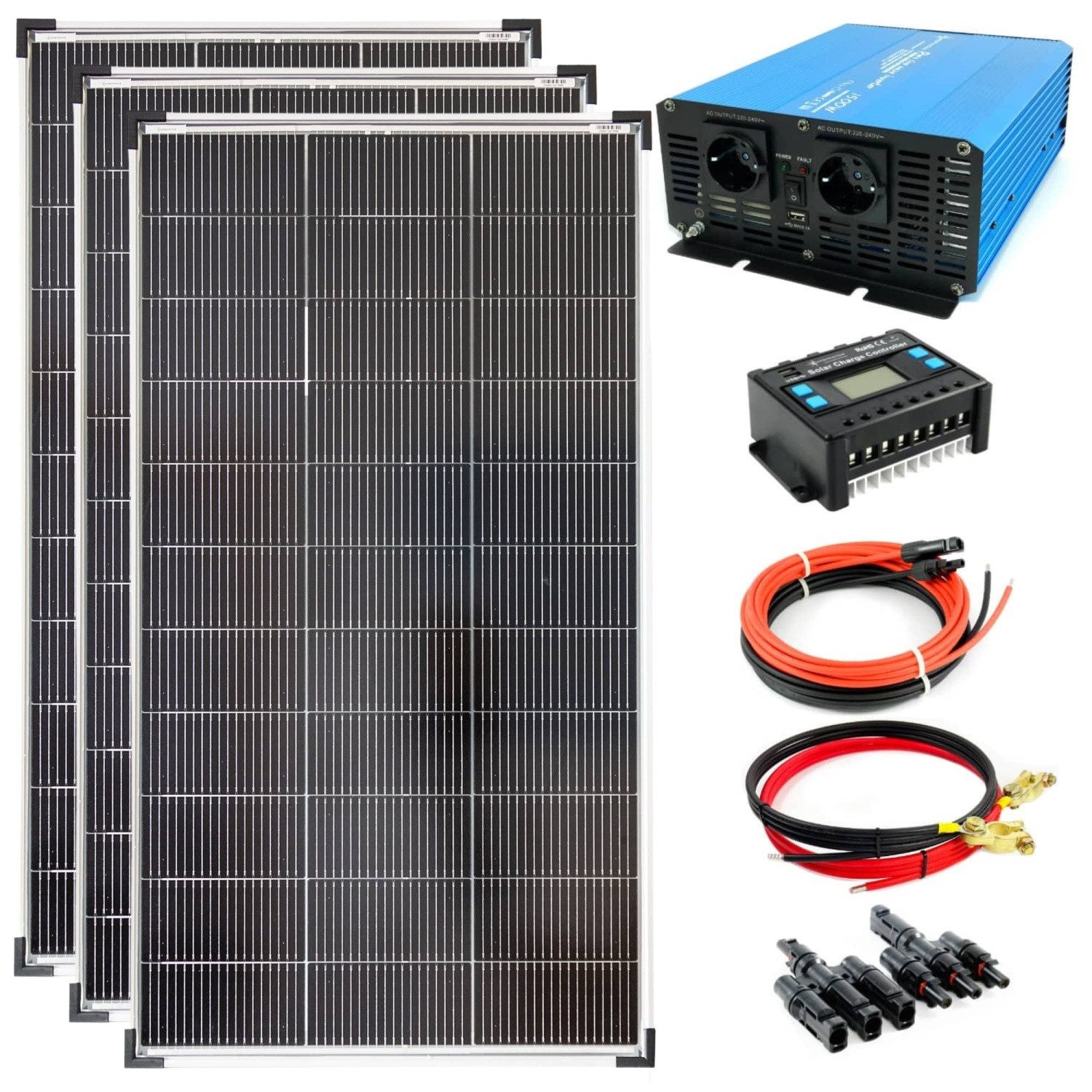 solartronics Solarmodul Set: 3x 120W Solarmodul, TS 1500W Inverter, 30A Laderegler, Zubehör, Monokristallin