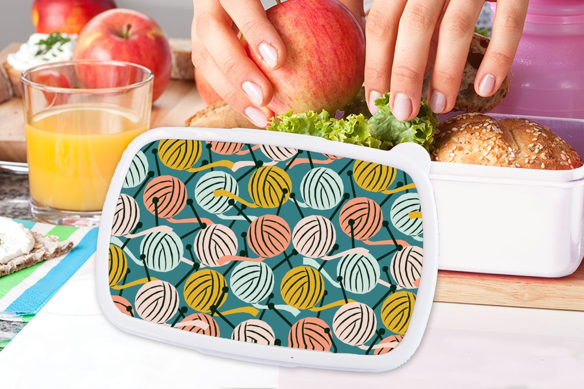 MuchoWow Lunchbox - Erwachsene, Brotbox Wolle Kunststoff, und (2-tlg), Brotdose, Jungs und für Kinder Stricken - weiß Mädchen Muster, für