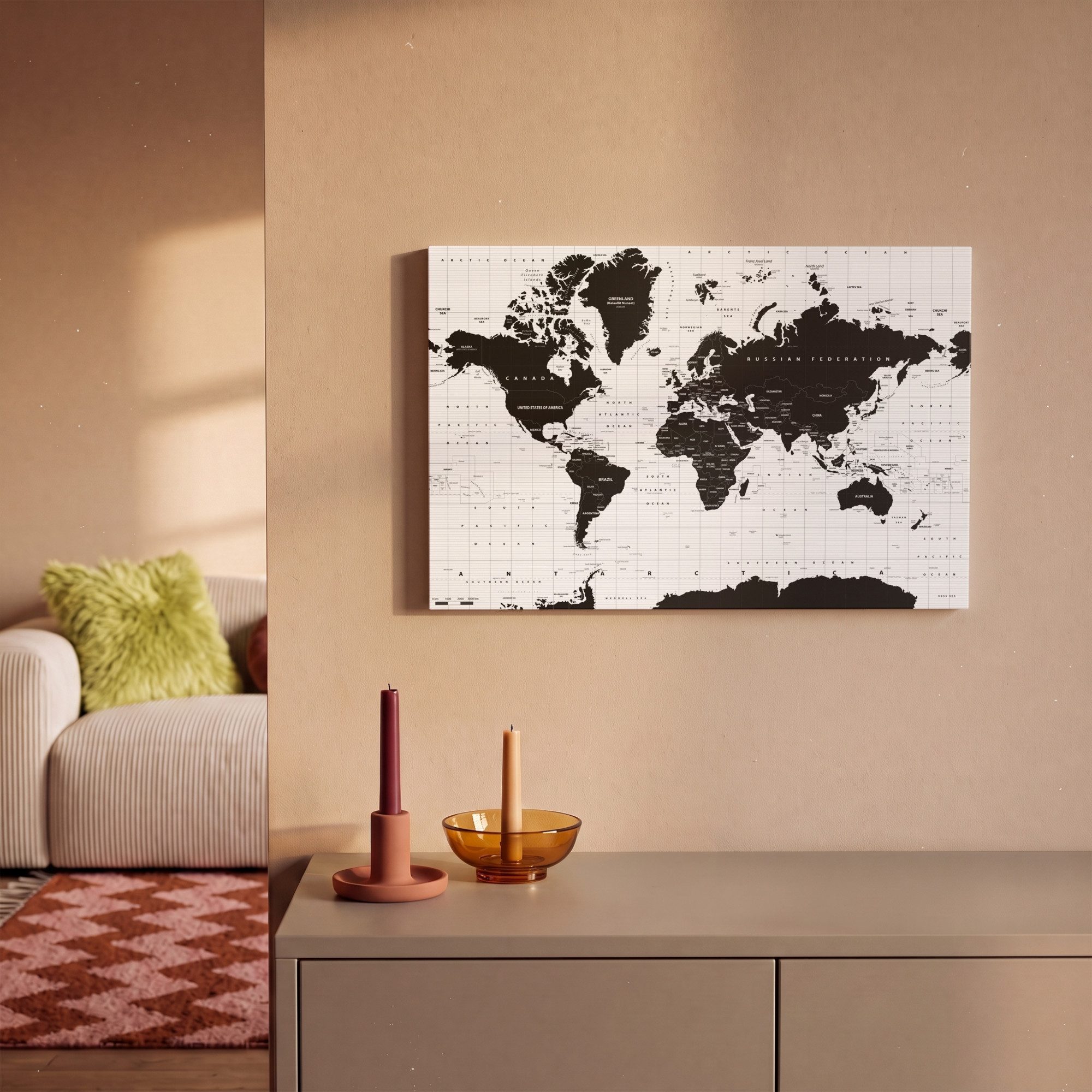 OneMillionCanvasses® Leinwandbild Weltkarte - Schwarz - Weiß - Atlas - Erde - Bildung, Fotodruck (1 St), Leinwand Bilder Klein, Wand Dekoration Aesthetic 30x20  – Bild 2 von 5