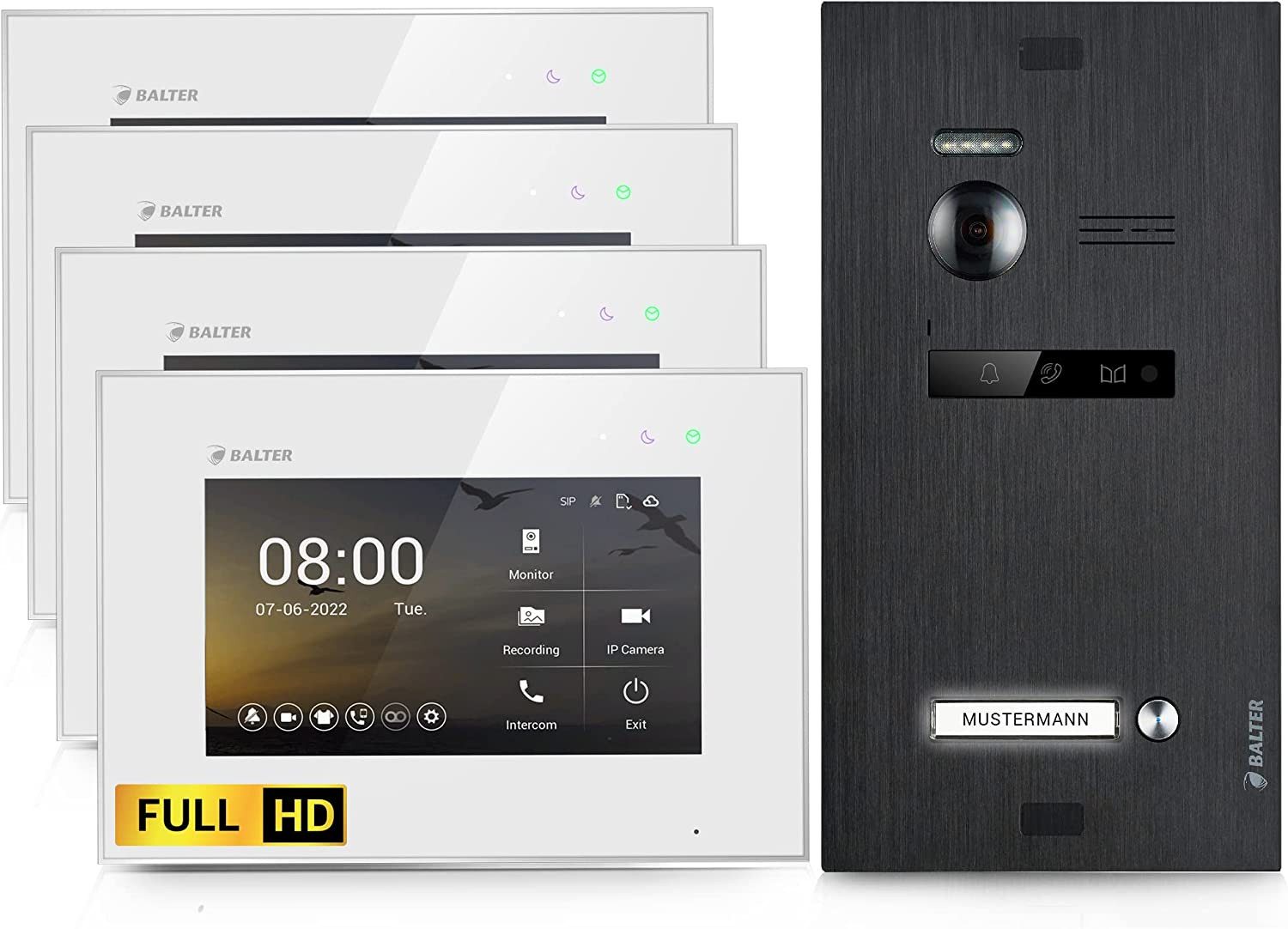 Balter Video-Türsprechanlage EVO HD für 1 Familienhaus, 4x Monitore, Full HD, 2-Draht, Schwarz (Komplettset, 4-tlg)