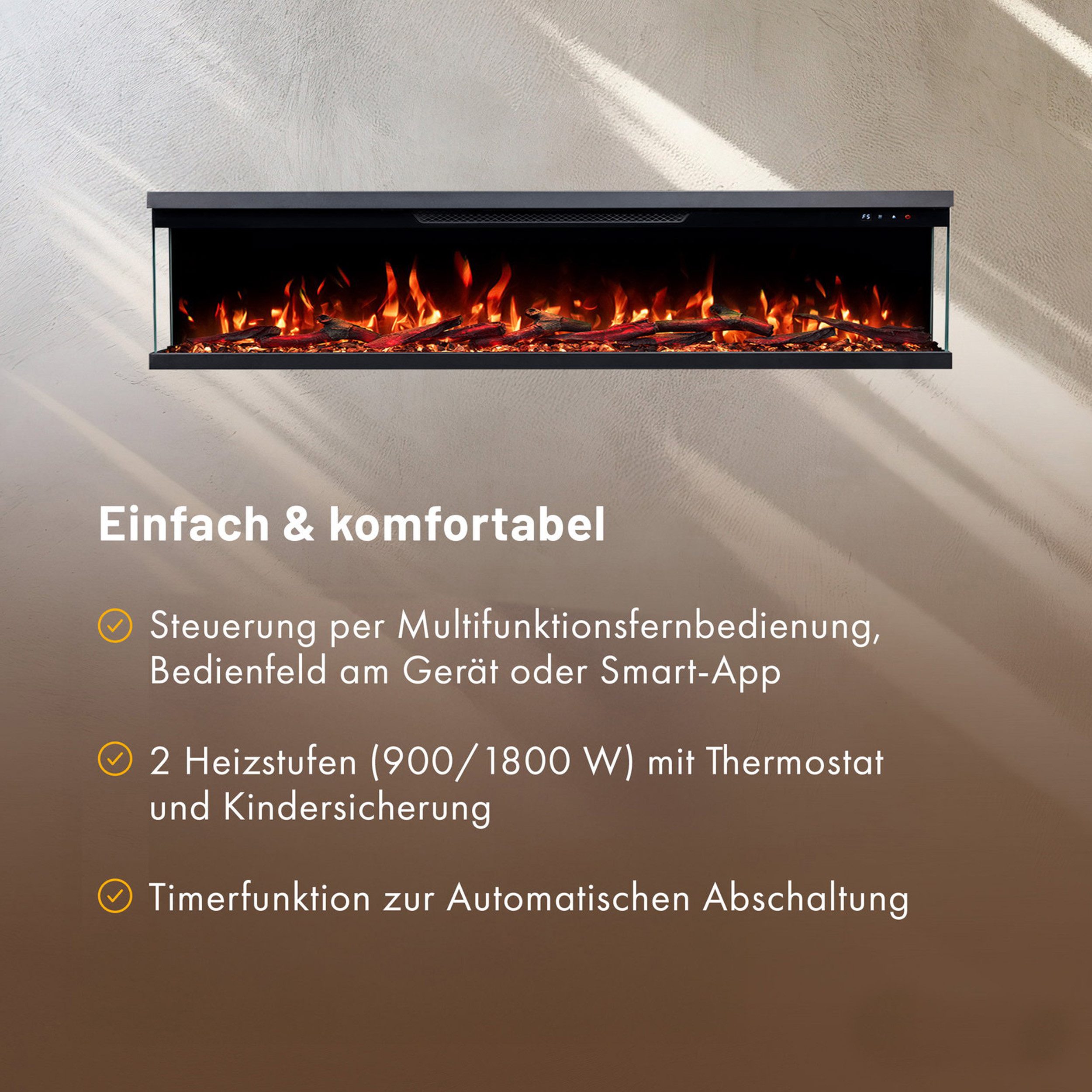 GF Core Elektrokamin Insert Wandkamin mit 3D Feuer und Heizung (Thermostat, 900- 1800 W), Elektrischer Stand-, Wand- oder Einbaukamin mit APP Steuerung, LED – Bild 4 von 5