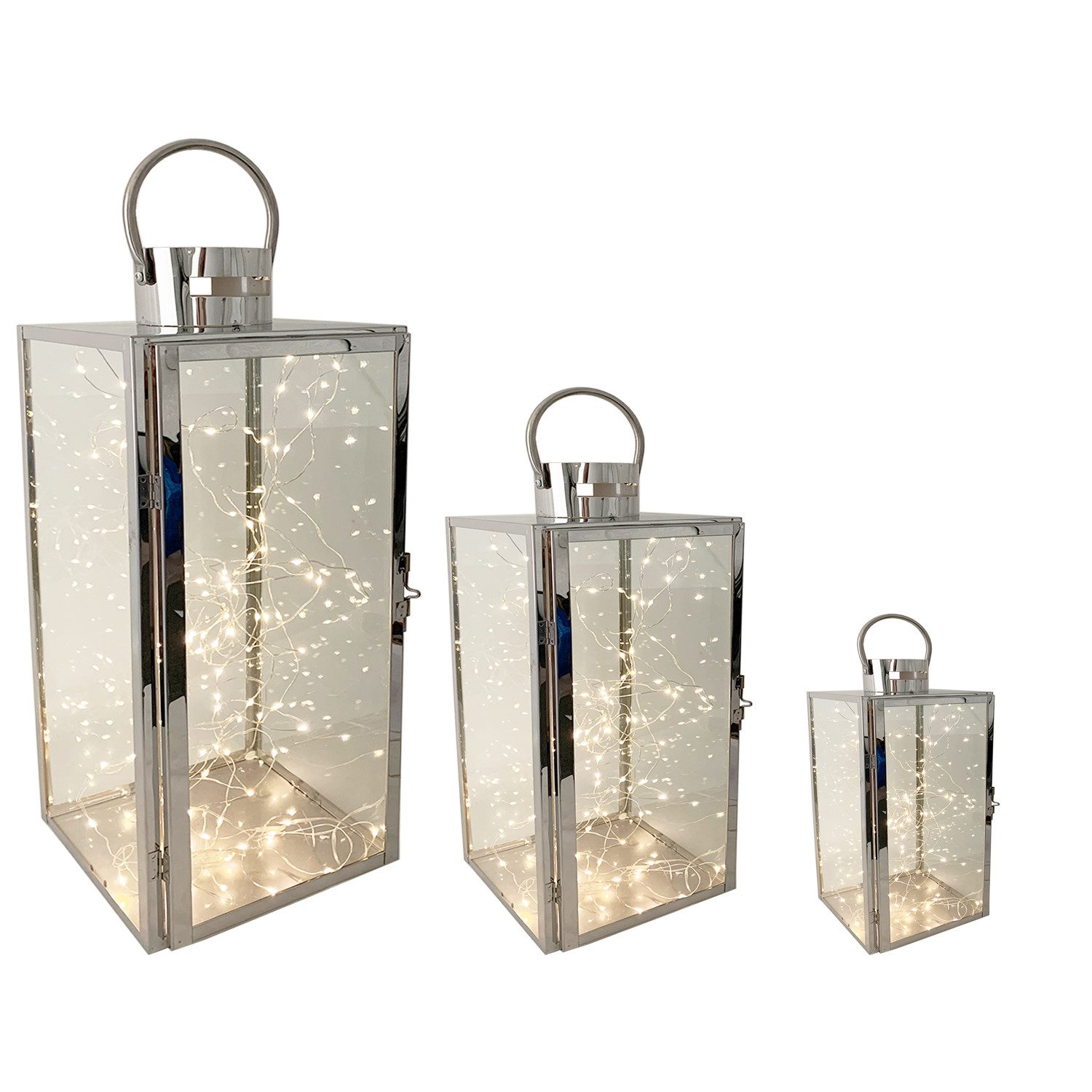 Mojawo Laterne 3er Set Edelstahl-Laternen 30/40/53cm + 3 LED Tropfen Lichterkette