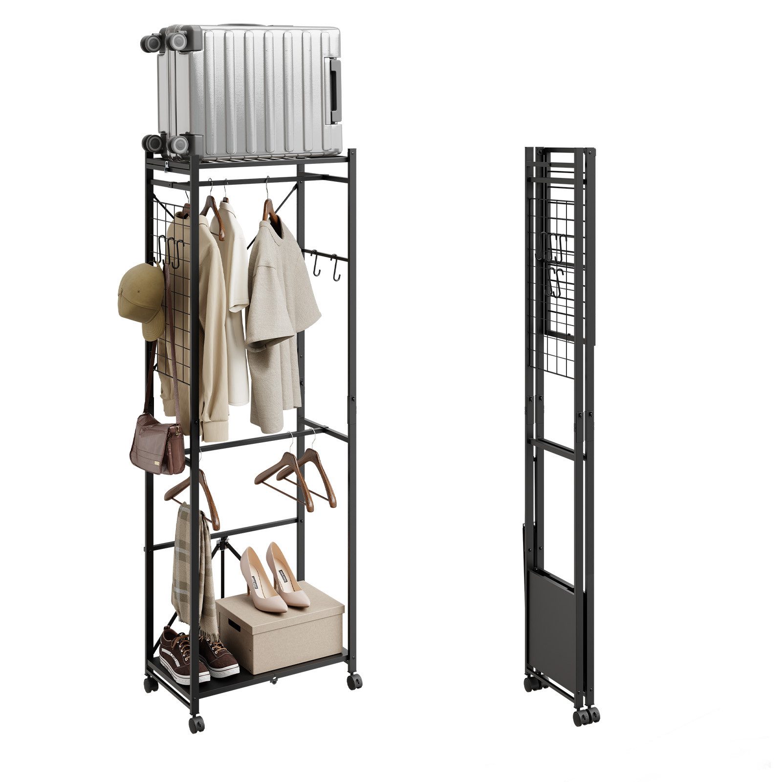 SoBuy Kleiderständer KLS21, Klappbarer Garderobenständer Schmal auf Rollen, (1er Set), mit Kleiderstange, Schuhablage, Haken & Gepäckständer für Schlafzimmer
