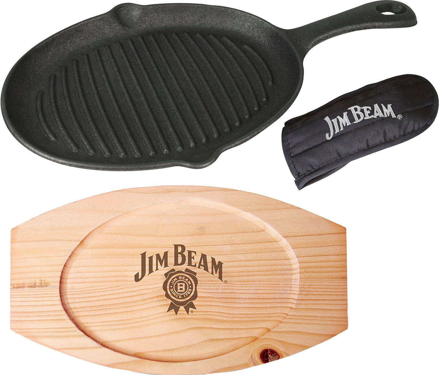 Jim Beam BBQ Grillpfanne, Gusseisen (Set, 3-tlg), inkl. Holzuntersetzer und  Griffüberzug