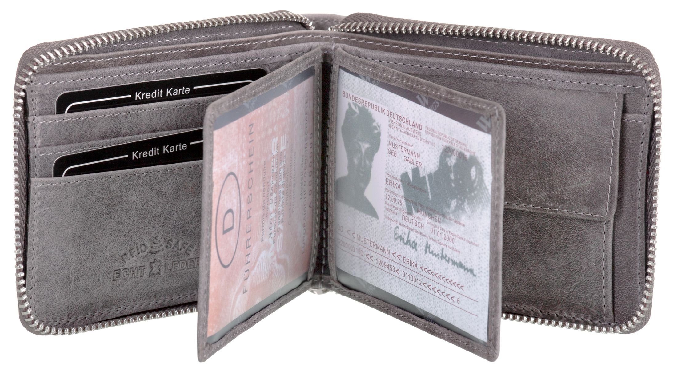 Geldbörse, BAG Echt STREET mit Portemonnaie Reißverschluss grau Geldbörse RFID-Schutz Leder Geldbeutel