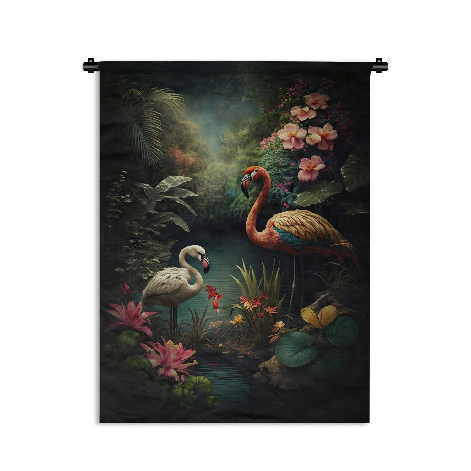 MuchoWow Wanddekoobjekt Flamingo - Blumen - Dschungel - Vögel - Natur, Deko für an der Wand, Wohnzimmer, Tapisserie, Schlafzimmer
