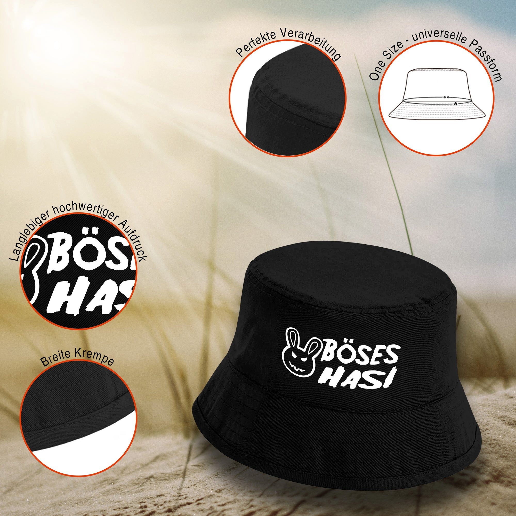 Herzbotschaft Sonnenhut Bucket Hat Böses Hasi (Unisex Einheitsgröße, Sommerhut mit Spruch, Festivalhut, Fischerhut) für Damen & Herren