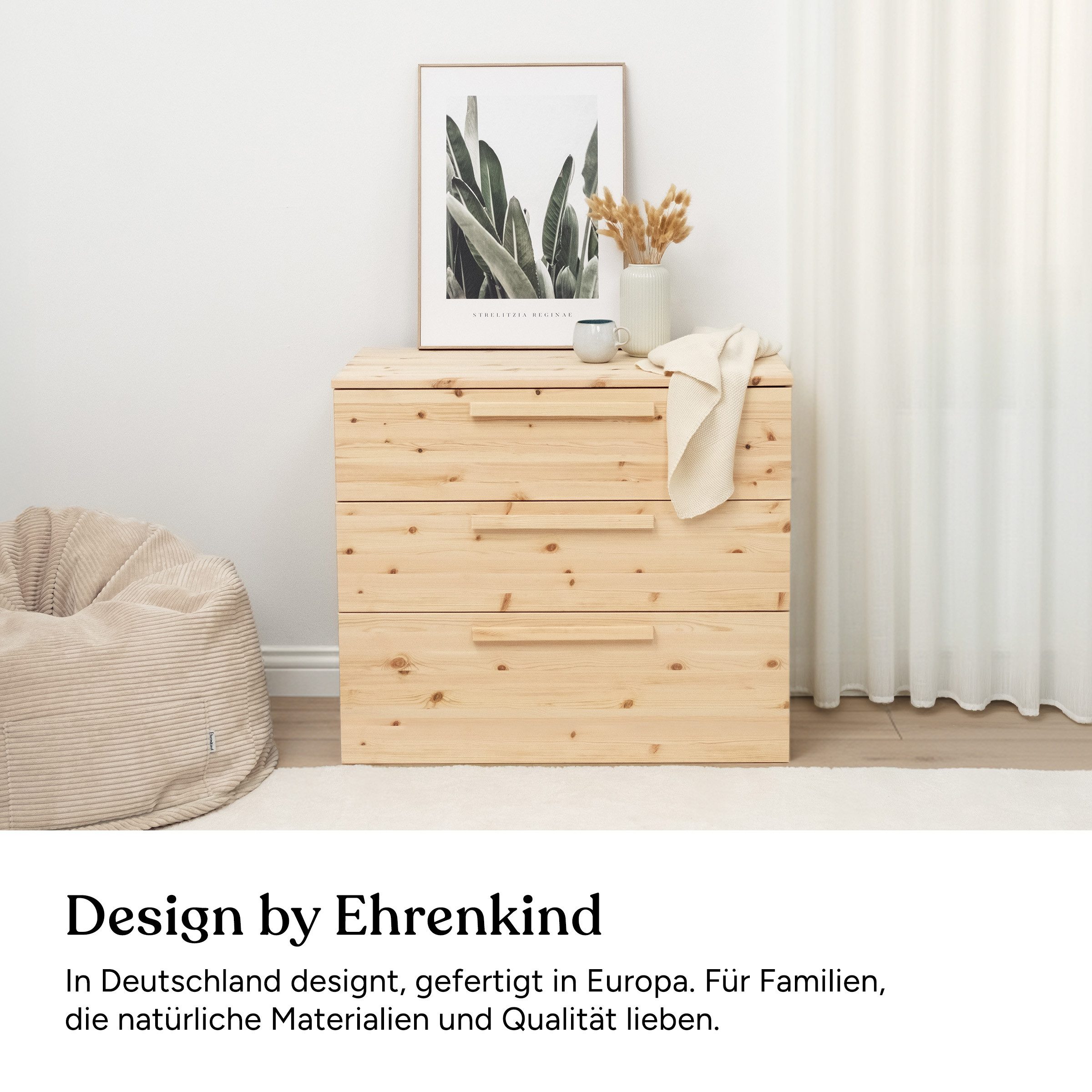 Ehrenkind Kommode Linia (mit Rollschublade, aus FSC®-zertifiziertem Kiefernholz), viel Stauraum, optionaler Wickelaufsatz