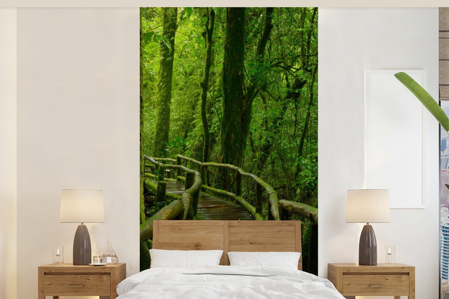MuchoWow Fototapete Dschungel - Brücke - Moos - Natur - Tropisch, Matt, bedruckt, (2 St), Vliestapete für Wohnzimmer Schlafzimmer Küche, Fototapete